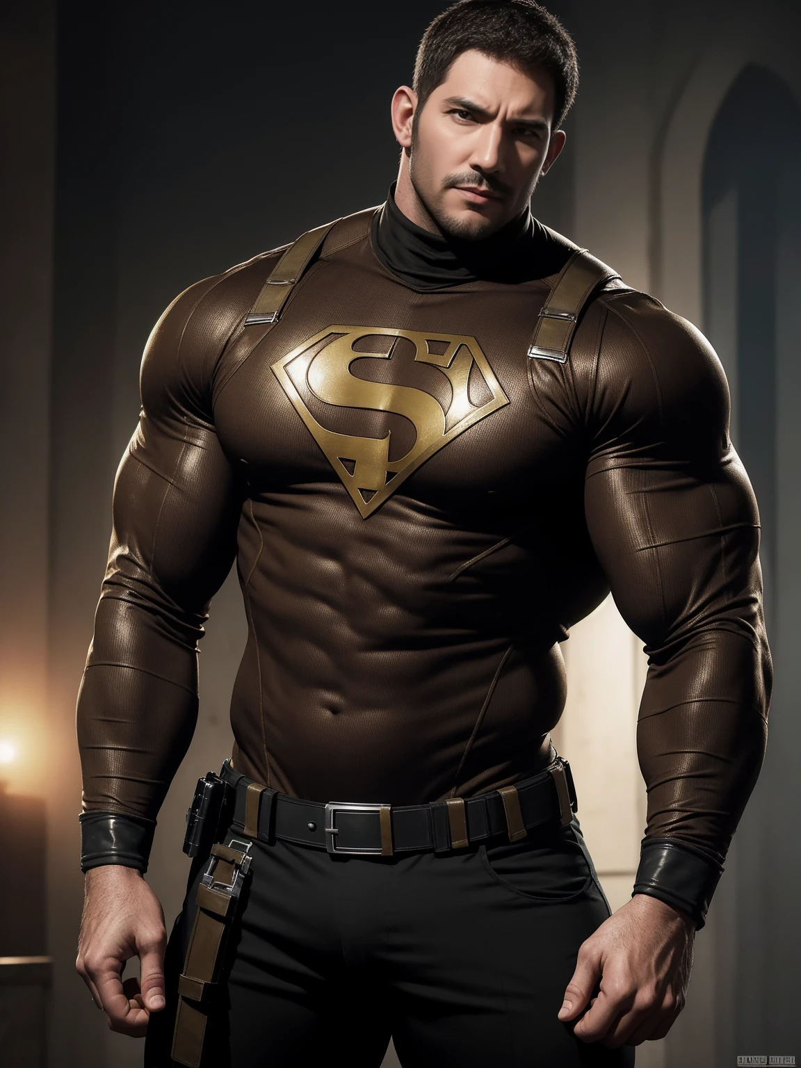 One Tall giant muscular police officer, On the old-style outdoor streets, Wear a brown superhero bodysuit with long sleeves, Elastic spandex material,The expression is arrogant, Lift your chin, Messy hair, Thick thighs, Brown Superhero Bodysuit with Turtleneck and Long Sleeves, very tight, Regular symmetrical pattern, Highlight muscles, Police uniform pants, character concept(Resident Evil - Chris Redfield, Chris Redfield)A proud expression, Deep and charming eyes, Heroic male pose, tall Burly, muscular!muscular thighs, tough guy, perfect facial features, High, Burly, Heqiang, Super polished and cool, High Resolution Committee, Charismatic, The sun is blazing, dazzling