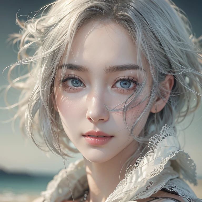 (masterpiece:1.3), (8k, Realistic, RAW Photos, Best image quality: 1.4), Fair-skinned fairy woman、Long Hair、Cleavage:2.0、Highly detailed face、Attention to detail、double eyelid、Chest to chest、Sharp focus:1.2、Beautiful woman:1.4、Silvery white hair、highest quality、masterpiece、超A high resolution、(Realistic:1.4)、Highly detailed and professionally lit smiles、Loose, Light, steampunk、Shoulder out、thin、Serious expression、Short-haired、Deadly position, one person、whole body,Walking on the beach、Gorgeous Necklace、