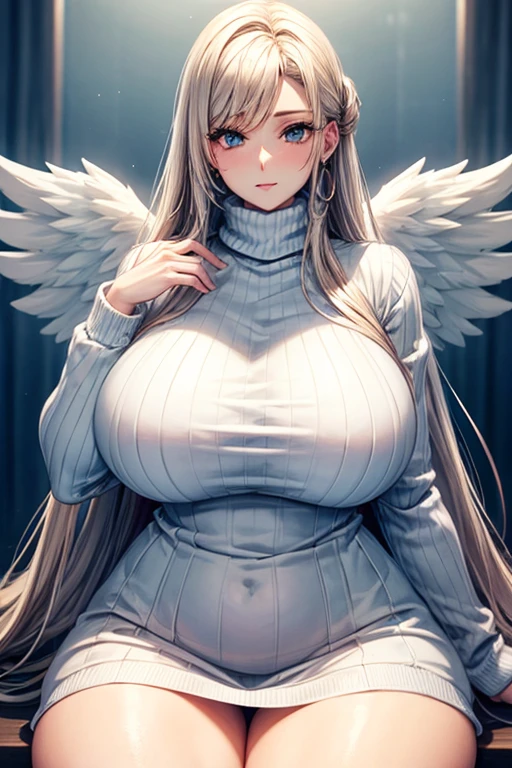 Huge angel mommy with very big and huge breasts with a turtleneck sweater, very beautiful and very detailed