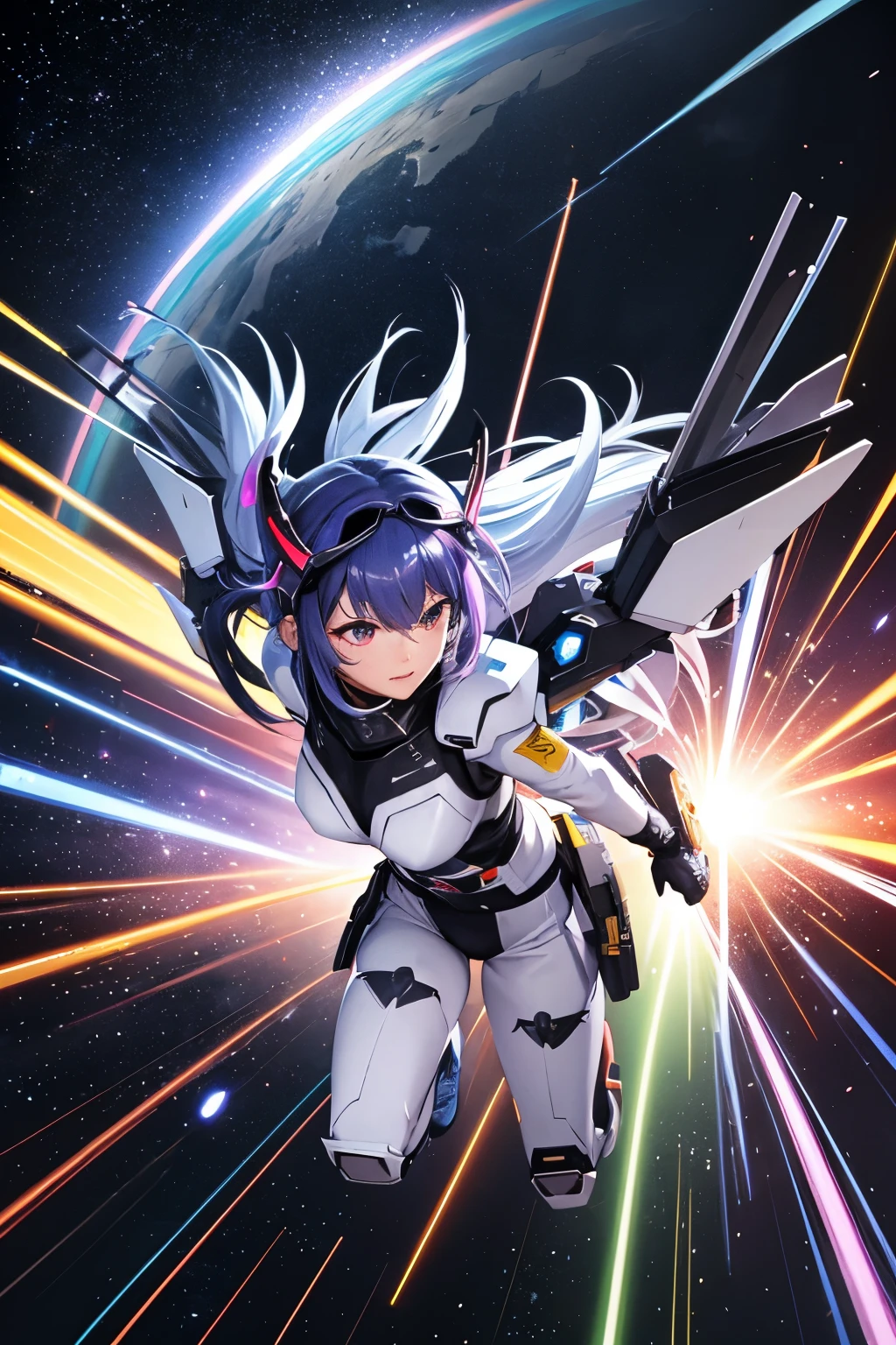 (((highest quality、first-clasasterpiece、Normal body、8k、Detailed face、Ultra-precision、Normal hand、Normal finger、5Finger、)))Brightly colored hair、Rainbow Hair、Rainbow Mechanical Angel、Large rainbow mechanical wings、Large booster、Large rainbow thruster、Visor Helmet、Thought-guided remote-controlled weapon、Funnel、Bit Weapon、Full Armor、Beam rifle、Rainbow Beam、Running through space、Full boost、Beam Sword、Fighting space monsters、Variable Beam Launcher、multi missile、Mega Beam Cannon、In combat、Dogfight、High Maneuver、Space War、fleet battle、Destroy enemy ships、High mega particle cannon firing、ultimate weapon、Multi-warhead missiles、Full burst、All-at-once sweep、Breaking the Limits、critical point breakthrough、Charged particle cannon、Meteors、Lightning Kick、宇宙怪獣にスーパーLightning Kick