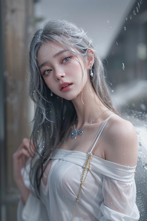 (masterpiece:1.3), (8k, Photorealisticistic, RAW Photos, Best image quality: 1.4), Fair skinの妖精の女性、Long Hair、Cleavage:2.0、Highly detailed face、Attention to detail、double eyelid、Chest to chest、Sharp focus:1.2、Beautiful woman:1.4、Silvery white hair、highest quality、masterpiece、超A high resolution、(Photorealisticistic:1.4)、Highly detailed and professionally lit smiles、Loose, Light, Shoulder out、thin、Serious expression、Short-haired、Deadly position, Gorgeous Accessories, one person (RAW shooting, Photorealistic:1.5, 8k, highest quality, masterpiece, Ultra-high resolution), (((heavy snow))), Perfect dynamic composition:1.2, (Modern city night urban building front, Expressions of sadness:0.9, Tears flow:0.9, Crying with a broken heart:0.9), Highly detailed skin and facial textures:1.2, Slim office lady wet with rain:1.3, Fair skin:1.2, Sexy beauty:1.1, Perfect Style:1.2, beautifully、aesthetic:1.1, Very beautiful face:1.2, Water droplets on the skin, (Rain dripping down on my body:1.2, Wet body:1.2, Wet Hair:1.3), (Holding a bloody knife:1.2, How to wear a wet white blouse correctly:1.35), (Medium Chest, Bra is sheer, Chest gap), (Beautiful erotic eyes:1.0), (Too erotic:0.9, Fascinating:0.9), necklace, Earrings, bracelet