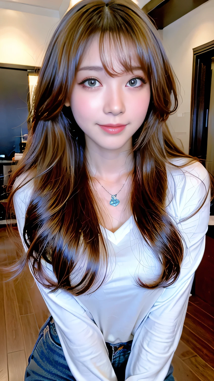 Full Body Angle、((highest quality, 8K, masterpiece: 1.3)), concentrated: 1.2, Cute girl 1,Nipples erect、 Perfect beauty: 1.4,Crisscross V-neck T-shirt, Casual summer short sleeve t-shirt: 1.2,Long sleeve、Randall Color、comics&Text Graphics、Black ruffle-trimmed drawstring zip blouse,1.1, Highly detailed face and skin textures, Fine grain, double eyelid, whitening skin, ,highest quality,Ultra-high resolution,you,1 girl,alone,_Shiny_skin,Iris,necklace,((Brown_length_Wavy_hair)),(lips)),eyelash,Front hair,deal with,compensate,Shiny,pore,skin texture,Large Breasts、smiling face、