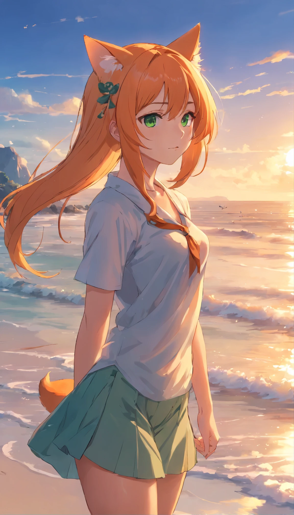 anime girl with long orange hair standing on beach near ocean, green eyes detailed digital anime art, cat ears, , anime girl with long hair, smooth anime cg art, anime girl with long hair, digital anime art, artwork in the style of guweiz, beautiful anime portrait, photorealistic anime girl render, beautiful anime girl, advanced digital anime art, pantyhose, guweiz on artstation pixiv upscale HD UHD HQ