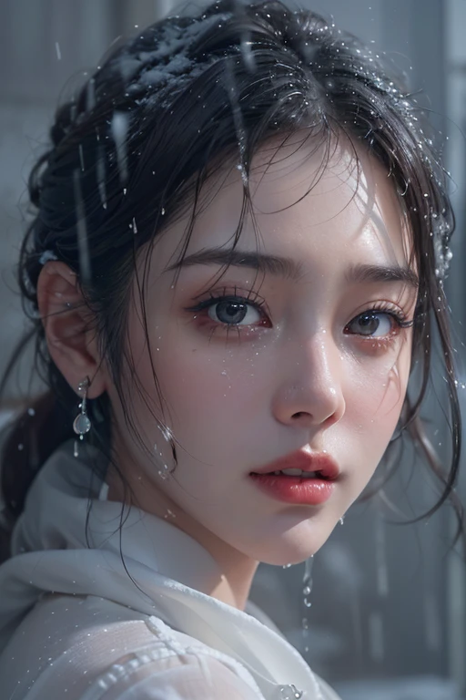 (masterpiece:1.3), (8k, Photorealisticistic, RAW Photos, Best image quality: 1.4), Fair skinの妖精の女性、Long Hair、Cleavage:2.0、Highly detailed face、Attention to detail、double eyelid、Chest to chest、Sharp focus:1.2、Beautiful woman:1.4、Silvery white hair、highest quality、masterpiece、超A high resolution、(Photorealisticistic:1.4)、Highly detailed and professionally lit smiles、Loose, Light, Shoulder out、thin、Serious expression、Short-haired、Deadly position, Gorgeous Accessories, one person (RAW shooting, Photorealistic:1.5, 8k, highest quality, masterpiece, Ultra-high resolution), (((heavy snow))), Perfect dynamic composition:1.2, (Modern city night urban building front, Expressions of sadness:0.9, Tears flow:0.9, Crying with a broken heart:0.9), Highly detailed skin and facial textures:1.2, Slim office lady wet with rain:1.3,  Fair skin:1.2, Sexy beauty:1.1, Perfect Style:1.2, beautifully、aesthetic:1.1, Very beautiful face:1.2, Water droplets on the skin, (Rain dripping down on my body:1.2, Wet body:1.2, Wet Hair:1.3), (Holding a bloody knife:1.2, How to wear a wet white blouse correctly:1.35), (Medium Chest, Bra is sheer, Chest gap),  (Beautiful erotic eyes:1.0), (Too erotic:0.9, Fascinating:0.9), necklace, Earrings, bracelet