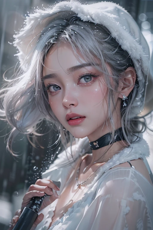 (masterpiece:1.3), (8k, Photorealisticistic, RAW Photos, Best image quality: 1.4), Fair skinの妖精の女性、Long Hair、Cleavage:2.0、Highly detailed face、Attention to detail、double eyelid、Chest to chest、Sharp focus:1.2、Beautiful woman:1.4、Silvery white hair、highest quality、masterpiece、超A high resolution、(Photorealisticistic:1.4)、Highly detailed and professionally lit smiles、Loose, Light, Shoulder out、thin、Serious expression、Short-haired、Deadly position, Gorgeous Accessories, one person (RAW shooting, Photorealistic:1.5, 8k, highest quality, masterpiece, Ultra-high resolution), (((heavy snow))), Perfect dynamic composition:1.2, (Modern city night urban building front, Expressions of sadness:0.9, Tears flow:0.9, Crying with a broken heart:0.9), Highly detailed skin and facial textures:1.2, Slim office lady wet with rain:1.3, Fair skin:1.2, Sexy beauty:1.1, Perfect Style:1.2, beautifully、aesthetic:1.1, Very beautiful face:1.2, Water droplets on the skin, (Rain dripping down on my body:1.2, Wet body:1.2, Wet Hair:1.3), (Holding a bloody knife:1.2, How to wear a wet white blouse correctly:1.35), (Medium Chest, Bra is sheer, Chest gap), (Beautiful erotic eyes:1.0), (Too erotic:0.9, Fascinating:0.9), necklace, Earrings, bracelet