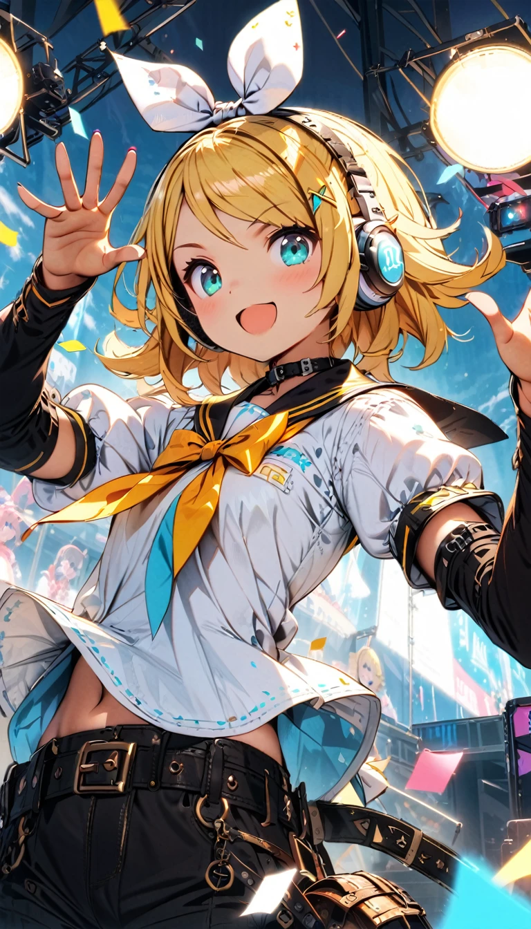 KAGAMINE RIN\(vocaloid\),solo,1female\(cute,kawaii,age of 10,KAGAMINE RIN\(vocaloid\),light yellow hair, short hair,red tattoo of numbers"02" on shoulder,(big white bow),sleeveless white shirt,detached black arm bell sleeves,(arm sleeves are black bell sleeves:1.2),belt,sailor collar,yellow wide tie,white headphones,black short pants,black knee high leg warmers,yellow key strap at belt,open shoulder,singing and dancing,(very cute pose:1.5),(korean idol pose:1.5),dynamic pose,(very cute big smile),looking away\), BREAK ,background\(live stage,colorful confetti,pastel color spotlights,(many colorful music note signs),many audience waving yellow glow sticks,\), BREAK ,quality\(8k,wallpaper of extremely detailed CG unit, ​masterpiece,hight resolution,top-quality,top-quality real texture skin,hyper realisitic,increase the resolution,RAW photos,best qualtiy,highly detailed,the wallpaper,cinematic lighting,ray trace,golden ratio\),RIN is so so cute,dynamic angle,long shot,wide shot,(aerial view:0.8)