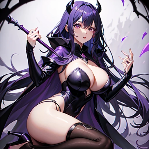 8K、female、aldult、Demon World、Dark Sorcerer、Purple outfit、Cool costumes、Thin fabric clothing、High heels、Stylish body、sharp impression、Long Hair、Tall、Big Breasts、Cleavage、Close-up breasts、Fluttering cloak、Cane、Attack us with magic、Expressionless、Inside the cave、Glossy pink skin