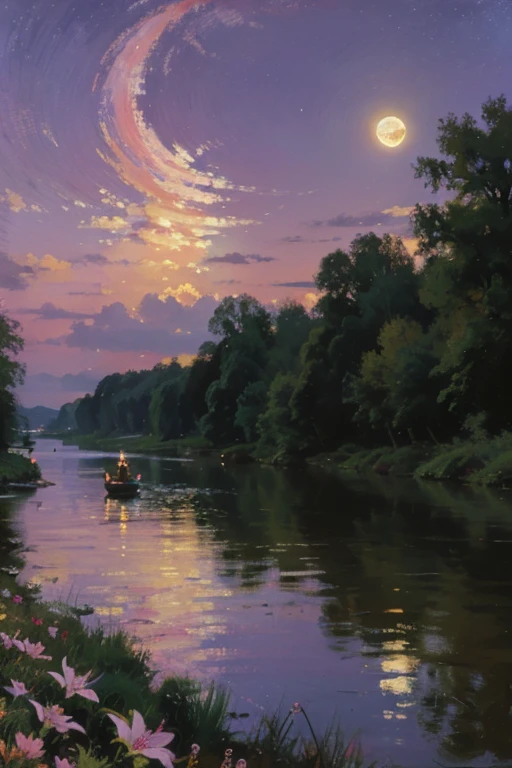 a digital canvas blending oil paint with surreal resin, pulsating with neon hues and mystical illumination, a colossal crescent moon melts into the river, leaving a luminous yellow trail, fishing boats glide under the moon's glow, while pink blossoms shower the water, the star-studded sky completes this surreal scene, reminiscent of leonid afremov's vibrant strokes 