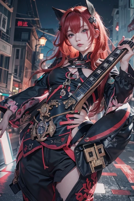 No sleeve、Tattoo、真っred、本当にredい、red、red-haired、corruption、red hairs、Headphones、🎧、Goth_punk, One Girl, alone, Medium Shot, Walking around Harajuku, ((at night)), Bokeh Depth of Field, Neon Light, Rainbow Eyes, Starry Sky, red glowing hair, Black eyebrows, Radiant hair, (iridescent red hair), 耳Nipple Ring, Bans, gem, mask, 鈍い前hair, Veld's Eye, 口mask, Blurred背景, Blurred, hair adornments, Look at the viewers, shorth hair, Portraiture, Side Lock、Goth、(Tabletop), (Portraiture), (beautiful), (beautiful), (Upper blood), (high quality), (beautiful衣服), (Professional Perspective), (Rule of thirds), (feminine), (woman), (woman), (beautiful),(feminine features), (Age 25), alone, woman1名, (Charming punk girl), Winters, Dramatic Light, ((I'm playing the guitar)), (Are standing), anddgy makeup, (Small breasts), ((Electric guitar)), (Front Face), (Resistance的な表情), ((Resistance)), (レザージャケットとTattoo), ((Short hair)), (dyed (and.G. and pink) hair), (spiky hair), (Thick hair), Matte shine hair, (Hair bands scattered in the hair), (Green eyes), (A bold and daring look), (Pale skin), (Dark clothing), (Band T-shirts), (Ripped jeans), (-), Crew neck), ((Urban alley background)), (Close-up shot), beautiful hands, both hands, Normal hand, Two Arms, Complete Hand, beautiful body, beautiful fingers, Normal finger, Five Fingers, Five Fingers, (Thumb Index Finger Ring Finger), beautiful ears, Normal ear, beautiful eyes, Shining Eyes, beautiful mouth, beautiful lips,