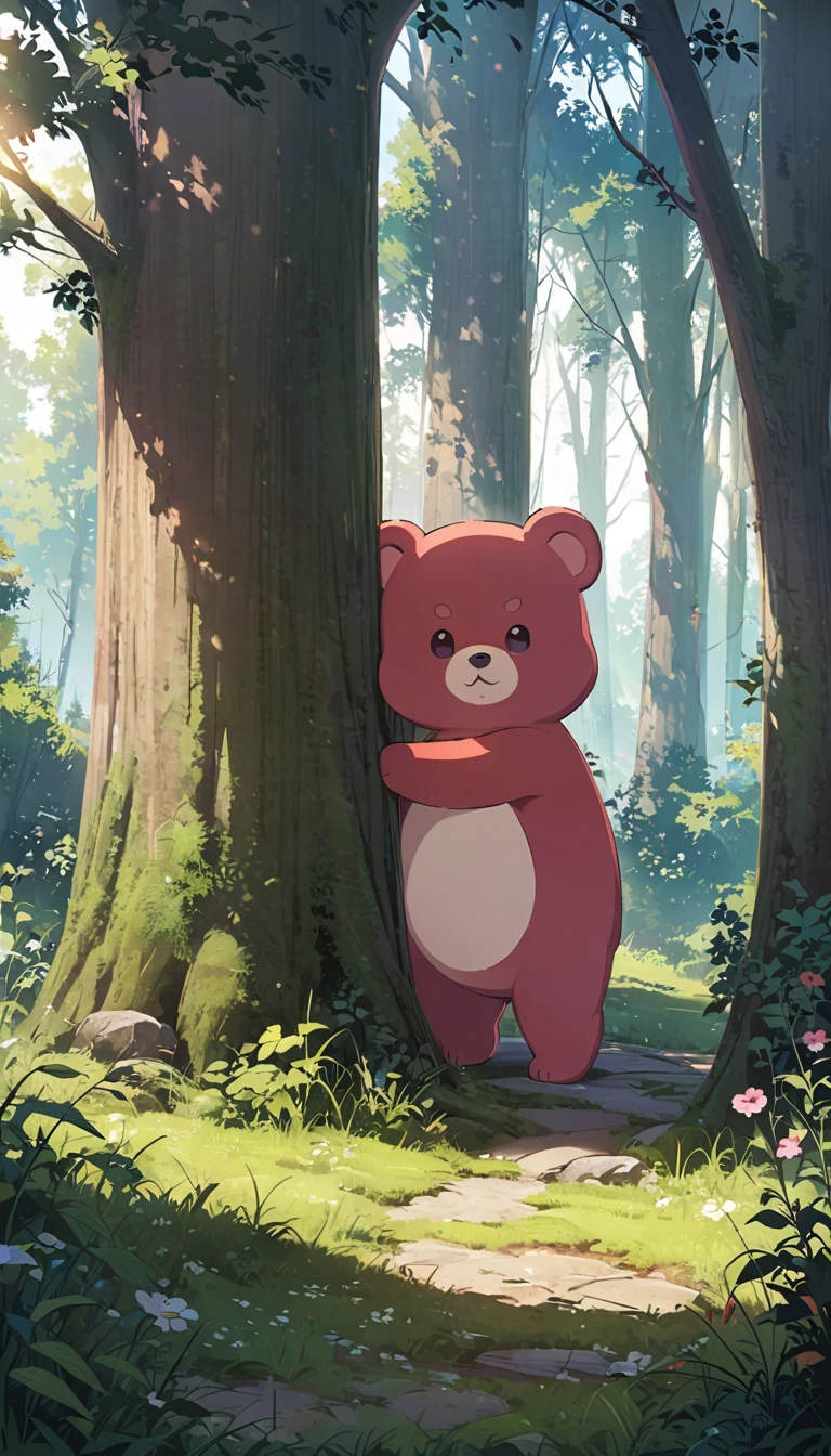 The cute little bears、Playing、Anime masterpieces、The background is the forest、Beautiful forest in the afternoon