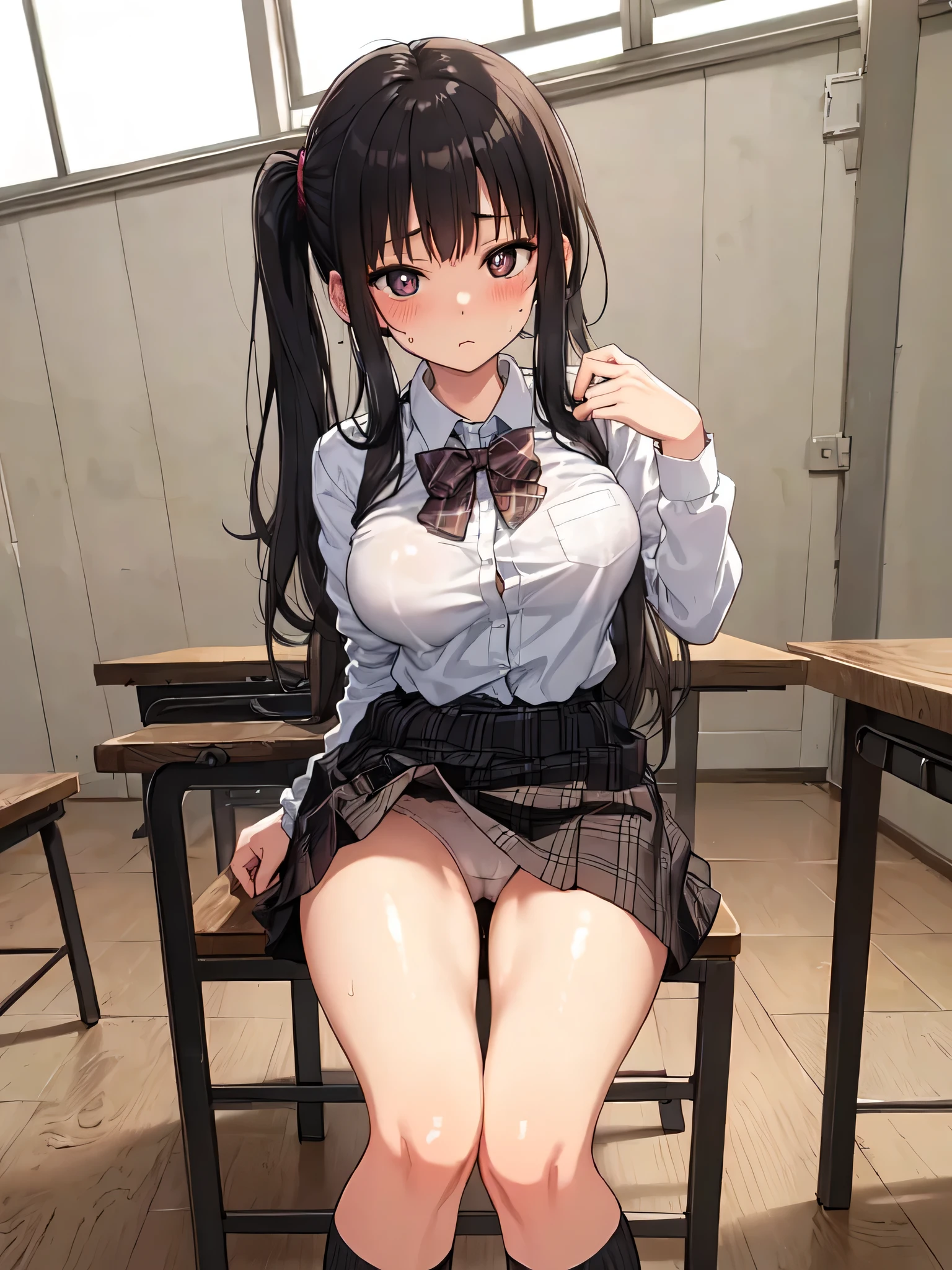 (Masterpiece:1.2), (high quality), (pixiv:1.4), (anime:1.4), wearing underwear, panties, loose socks, black hair, buttocks, brown eyes, blue skirt, solo, blazer type , panties, loose socks, black hair, lifting clothes, brown eyes, blue skirt, pure gaze, miniskirt, herself lift, plaid skirt, kawaii, blush,((large breasts)), (heart-shaped pupils),(side ponytail), (sweat), Long hair, Physical education sitting, beauty legs, ((in the class room))