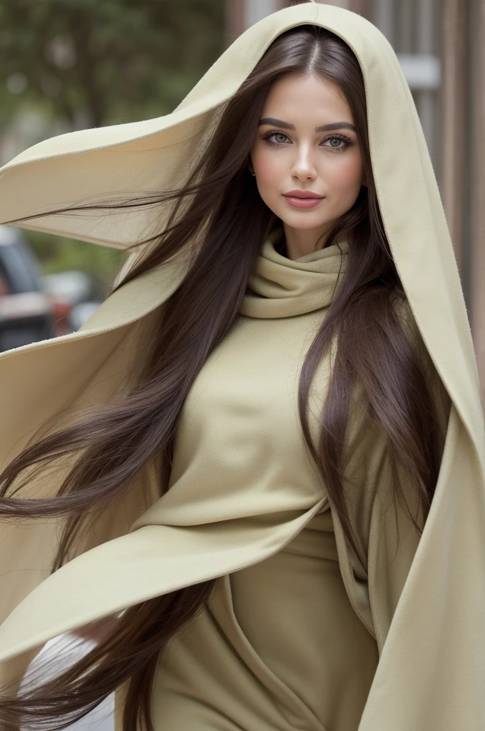 a Professional photograph, best quality, 8K, hyper detailed, full body, A close up portrait of a Gorgeous, pretty, warm-hearted, kind-hearted, good-hearted, stunning, cheerful, sweet, polite, sensitive, sensible, shiny, charming, alluring, dreamy, graceful, majestic, classy, stylish, flowing super long brown haired argentinian woman. Flowing hair, silky hair, glowing hair, ethereal argentinian beauty, exotic argentinian beauty, timeless argentinian beauty, dream argentinian beauty. She has the cutest face, beaming countenance, fair porcelain skin, soft make-up, red lipstick, she is wearing a double breated black leather trench coat, skinny trousers, scarf, gloves and boots. She's glad, happy, cheerful, joyful, angelical face, angelical beauty.
