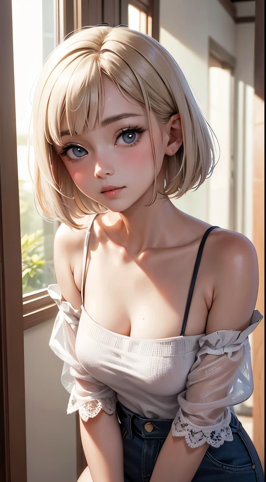 short hair, 前髪のあるshort hair, Woman with pretty face,Cute little face, French Bob, White skin, 短い茶色の髪とBig eyes, Soft Portrait Shot 8k, Beautiful light、Big eyes, Beautiful woman, Young woman with bob cut, Full Shot,Best image quality,