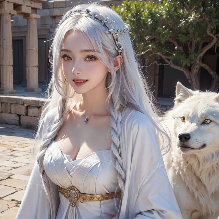 desert, Windy weather, White Wolf、 ((highest quality、masterpiece、8k、Best image quality、Ultra-high resolution、Award-winning works)、(Accurate anatomy:1.1)、(Look at me and smile:1.1)、Shining fair skin with Ultra-high resolution、The most detailed face、Ultra-high resolution detailed face、Short, flowing white hair 、Beautiful face drawn in every detail、Ancient Greek Clothing, Modest chest , A real wolf next to a girl