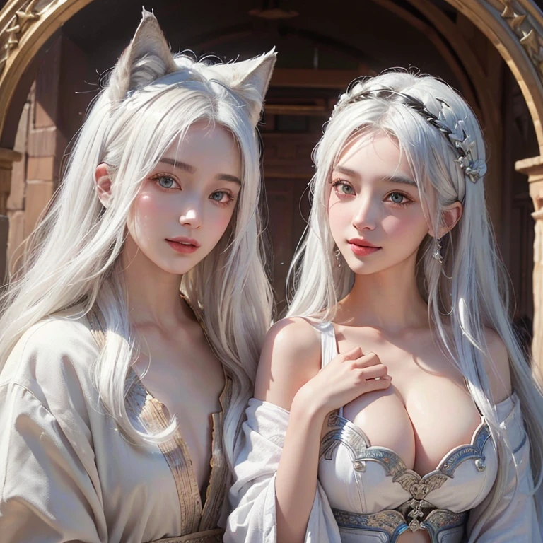 desert, Windy weather, White Wolf、 ((highest quality、masterpiece、8k、Best image quality、Ultra-high resolution、Award-winning works)、(Accurate anatomy:1.1)、(Look at me and smile:1.1)、Shining fair skin with Ultra-high resolution、The most detailed face、Ultra-high resolution detailed face、Short, flowing white hair 、Beautiful face drawn in every detail、Ancient Greek Clothing, Modest chest , A real wolf next to a girl