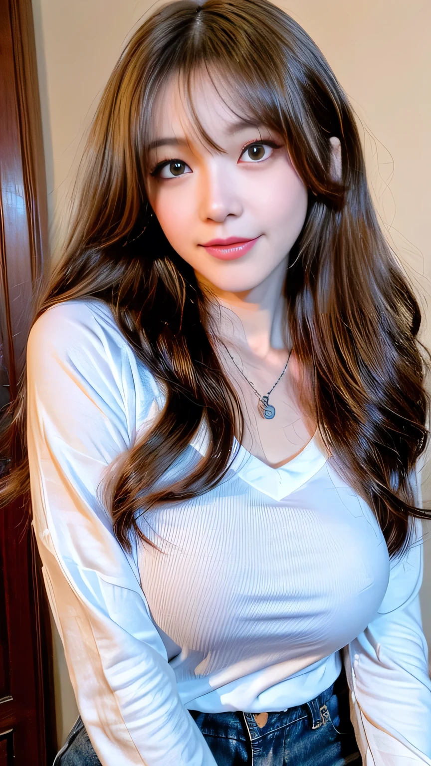 Full Body Angle、((highest quality, 8K, masterpiece: 1.3)), concentrated: 1.2, Cute girl 1,Nipples erect、 Perfect beauty: 1.4,Crisscross V-neck T-shirt, Casual summer short sleeve t-shirt: 1.2,Long sleeve、Randall Color、comics&Text Graphics、Black ruffle-trimmed drawstring zip blouse,1.1, Highly detailed face and skin textures, Fine grain, double eyelid, whitening skin, ,highest quality,Ultra-high resolution,you,1 girl,alone,_Shiny_skin,Iris,necklace,((Brown_length_Wavy_hair)),(lips)),eyelash,Front hair,deal with,compensate,Shiny,pore,skin texture,Large Breasts、smiling face、