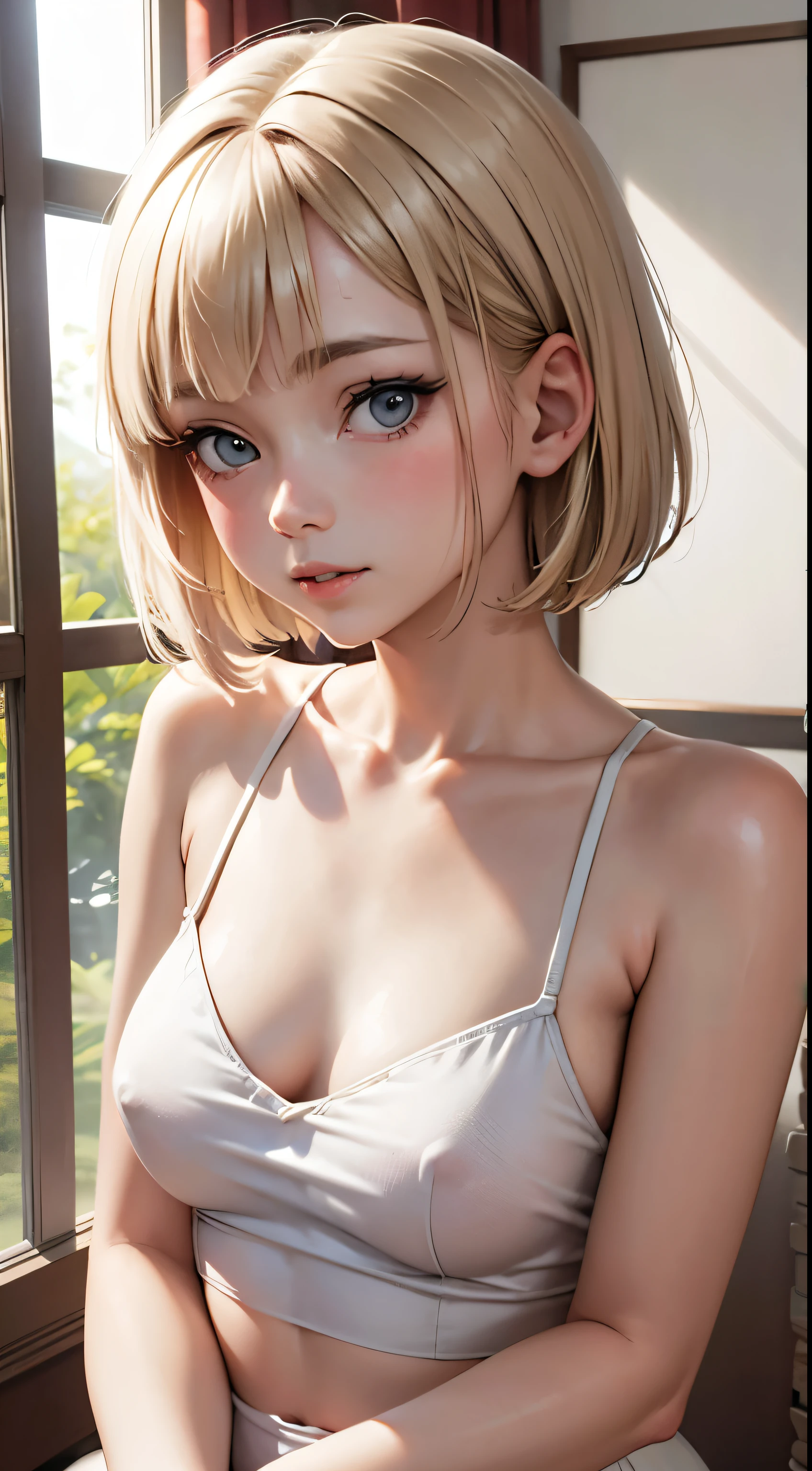 short hair, Short hair with bangs, Woman with pretty face,Cute little face, French Bob, White skin, Short brown hair and big eyes, Soft Portrait Shot 8k, Beautiful light、Big eyes, Beautiful woman, Young woman with bob cut, Full Shot,Best image quality,