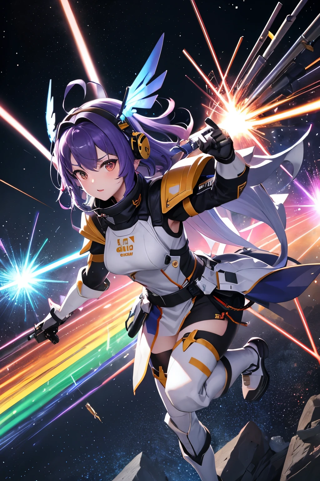 (((highest quality、first-clasasterpiece、Normal body、8k、Detailed face、Ultra-precision、Normal hand、Normal finger、5Finger、)))Brightly colored hair、Rainbow Hair、Rainbow Mechanical Angel、Large rainbow mechanical wings、Large booster、Large rainbow thruster、Visor Helmet、damage、Ridiculous Costumes、Thought-guided remote-controlled weapon、Funnel、Bit Weapon、Full Armor、Beam rifle、Rainbow Beam、Running through space、Full boost、Beam Sword、Fighting space monsters、Variable Beam Launcher、multi missile、Mega Beam Cannon、In combat、Dogfight、High Maneuver、Space War、fleet battle、Destroy enemy ships、High mega particle cannon firing、ultimate weapon、Multi-warhead missiles、Full burst、All-at-once sweep、Breaking the Limits、critical point breakthrough、Charged particle cannon、Meteors、Rider kick to the space monster