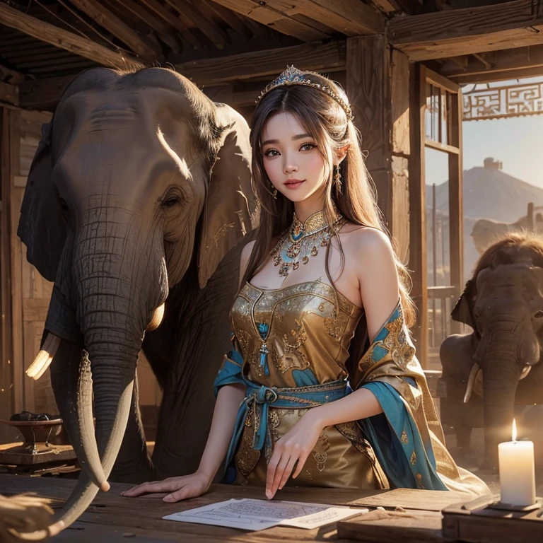 In the desert、Hair flow、 ((highest quality、masterpiece、8k、Best image quality、Ultra-high resolution、Award-winning works)、(Accurate anatomy:1.1)、(Look at me and smile:1.1)、Shining fair skin with Ultra-high resolution、The most detailed face、Ultra-high resolution detailed face、Ultra-high resolution hair、Beautiful face drawn in every detail、Ancient Islamic clothing, Old ruins in the background、A decorated elephant and a girl. 
