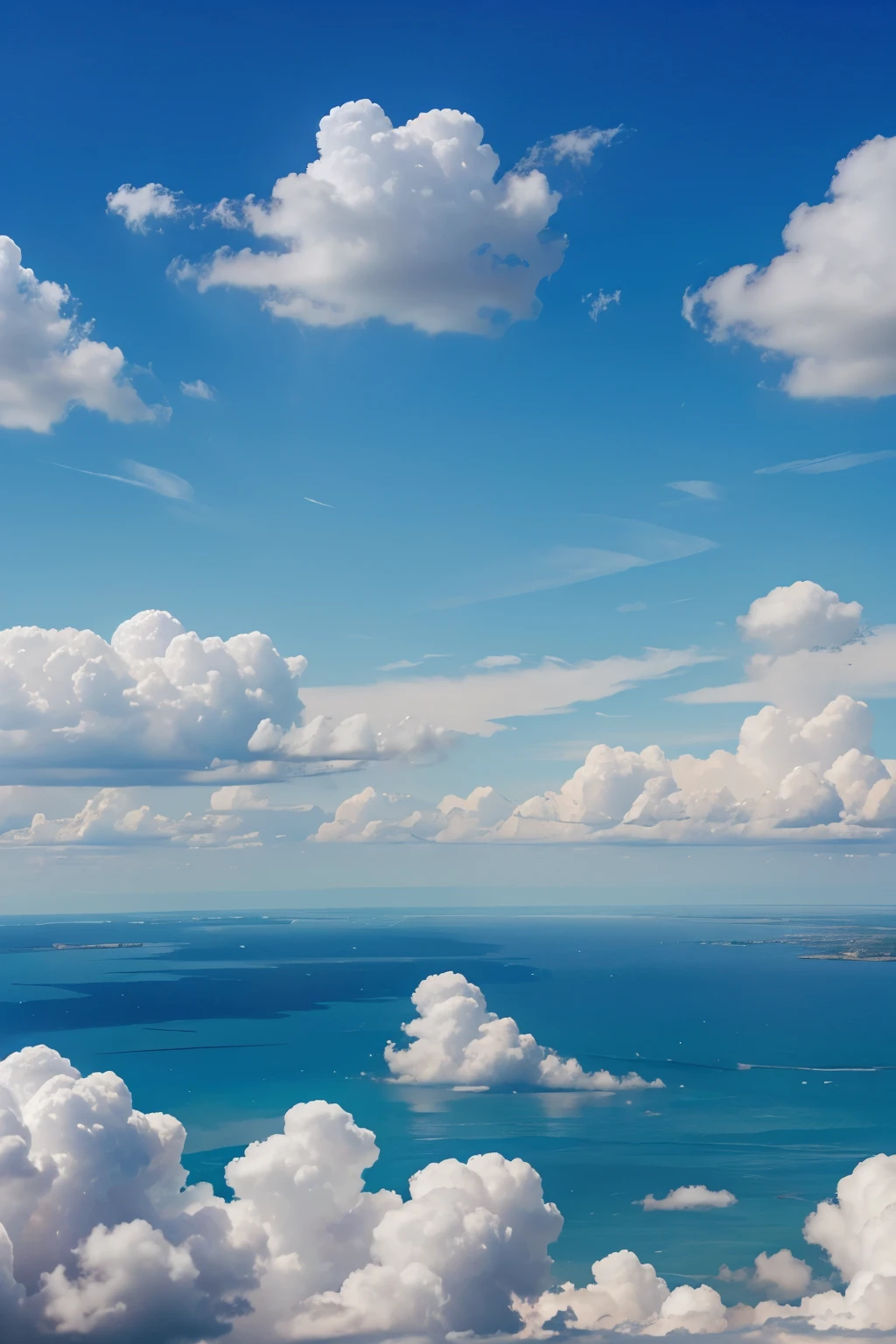 Clear blue sky with clouds, perfect wallpaper,sky high with light, ultra detailed, good quality