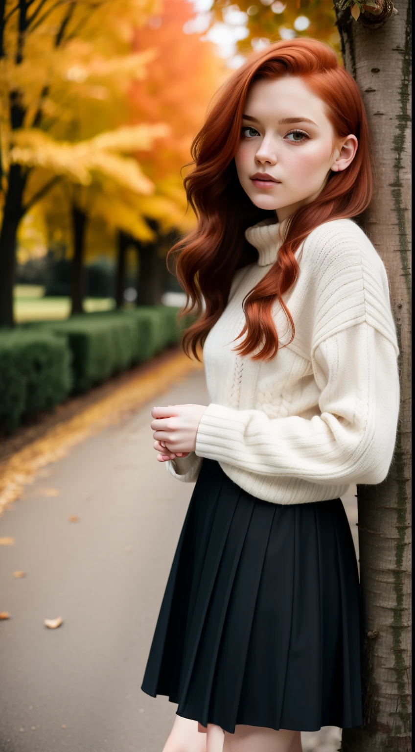 arafed woman in a skirt and sweater leaning against a tree, redhead woman, red haired young woman, soft portrait shot 8 k, a redheaded young woman, redhead girl, delicate soft hazy lighting, beautiful redhead woman, with pale skin, young redhead girl in motion, infp young woman, woman with red hair, wearing a white sweater