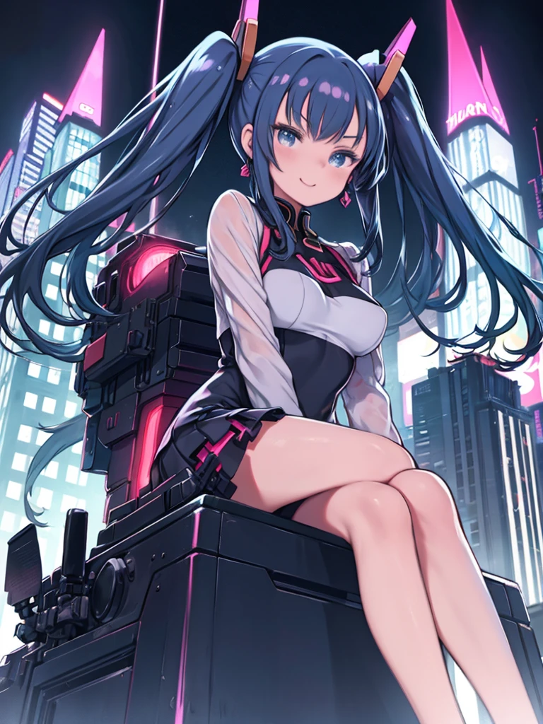 (masterpiece, highest quality;1.3), Very detailed ,Super detailed, One girl,alone, Twin tails, Large Breasts, Wicked Smile, Gundam(rx78), SF, Mecha, , Blue Hair, alone, hair ornaments, Long Hair, Twin tails, Golden Eyes, jewelry, Earrings, View your viewers,Shinjuku City Background,night, Lots of neon signs, Moon base, Detailed dress, Micro Mini Skirt, From below, Sitting,, Bust Shot,