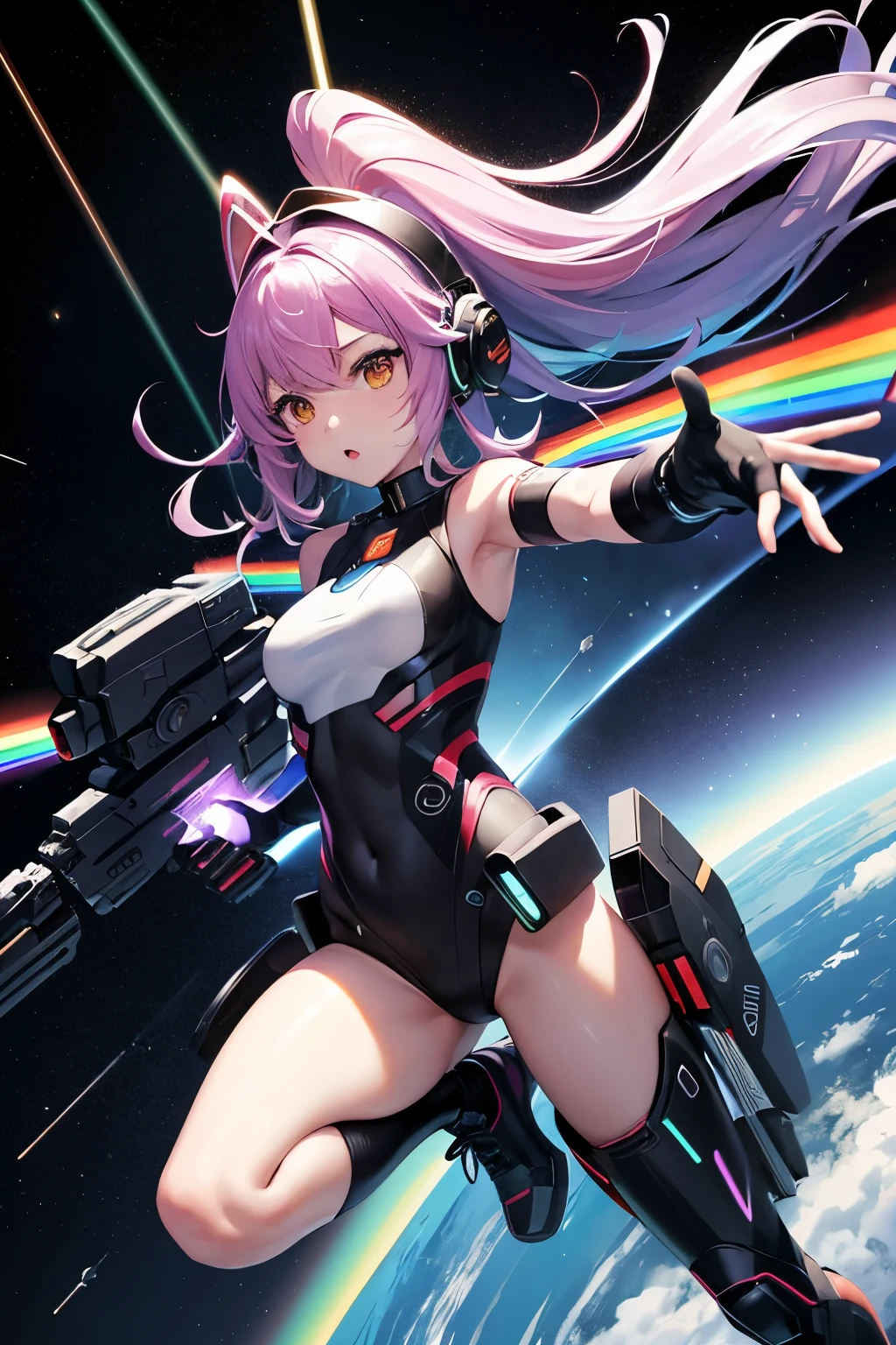 (((highest quality、first-clasasterpiece、Normal body、8k、Detailed face、Ultra-precision、Normal hand、Normal finger、5Finger、)))Brightly colored hair、Rainbow Hair、Rainbow Mechanical Angel、Large rainbow mechanical wings、Large booster、Large rainbow thruster、Visor Helmet、damage、Ridiculous Costumes、Racy leotard、Thought-guided remote-controlled weapon、Funnel、Bit Weapon、Full Armor、Beam rifle、Rainbow Beam、Running through space、Full boost、Beam Sword、Fighting space monsters、Variable Beam Launcher、multi missile、Mega Beam Cannon、In combat、Dogfight、High Maneuver、Space War、fleet battle、Destroy enemy ships、High mega particle cannon firing、ultimate weapon、Multi-warhead missiles、Full burst、All-at-once sweep、Breaking the Limits、critical point breakthrough、Charged particle cannon、Meteors、Rider kick to the space monster