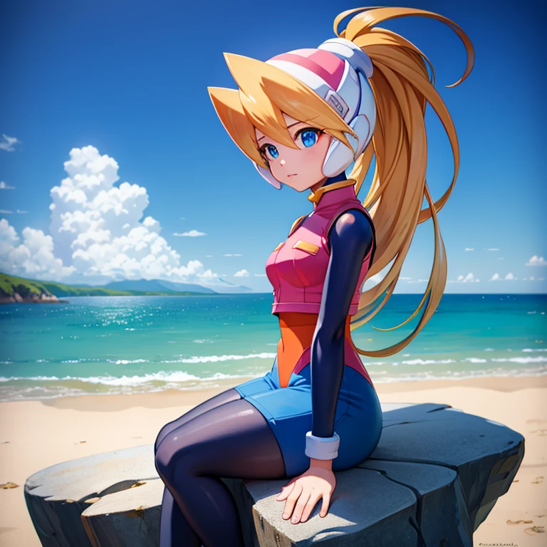 ciel_megamanz, 1girl, solo, long hair, blue eyes, blonde hair, ponytail, headgear, masterpiece, high quality, overlooking the ocean on the edge of a rock, in the style of avian-themed, realistic yet stylized, villagecore, azure, orange and azure, dragoncore, aerial view