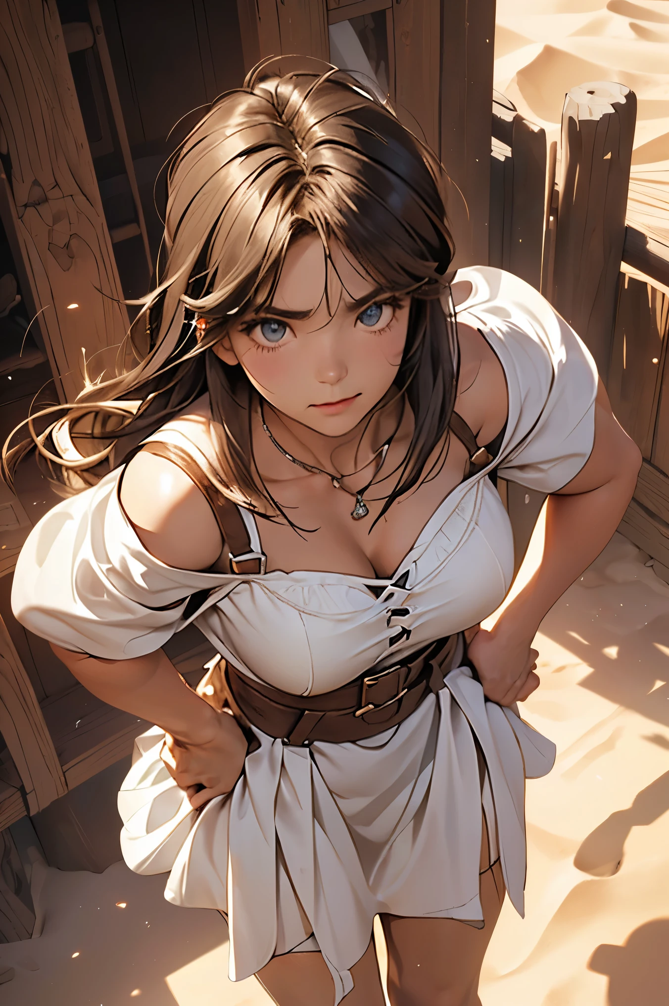In the desert during the day、(())、((From above))、Beautiful girl with beautiful hair、A sharp, challenging gaze、Big eyes、Big Breasts、((Stand with your hands on your hips and your feet shoulder-width apart))、Looking into the distance。Short white dress shirt、(High leg thongs that cling tightly to the buttocks)、Brown leather long western boots、Great balance of style、Long legs、(((((A close-up of a cute, raised mound)))))