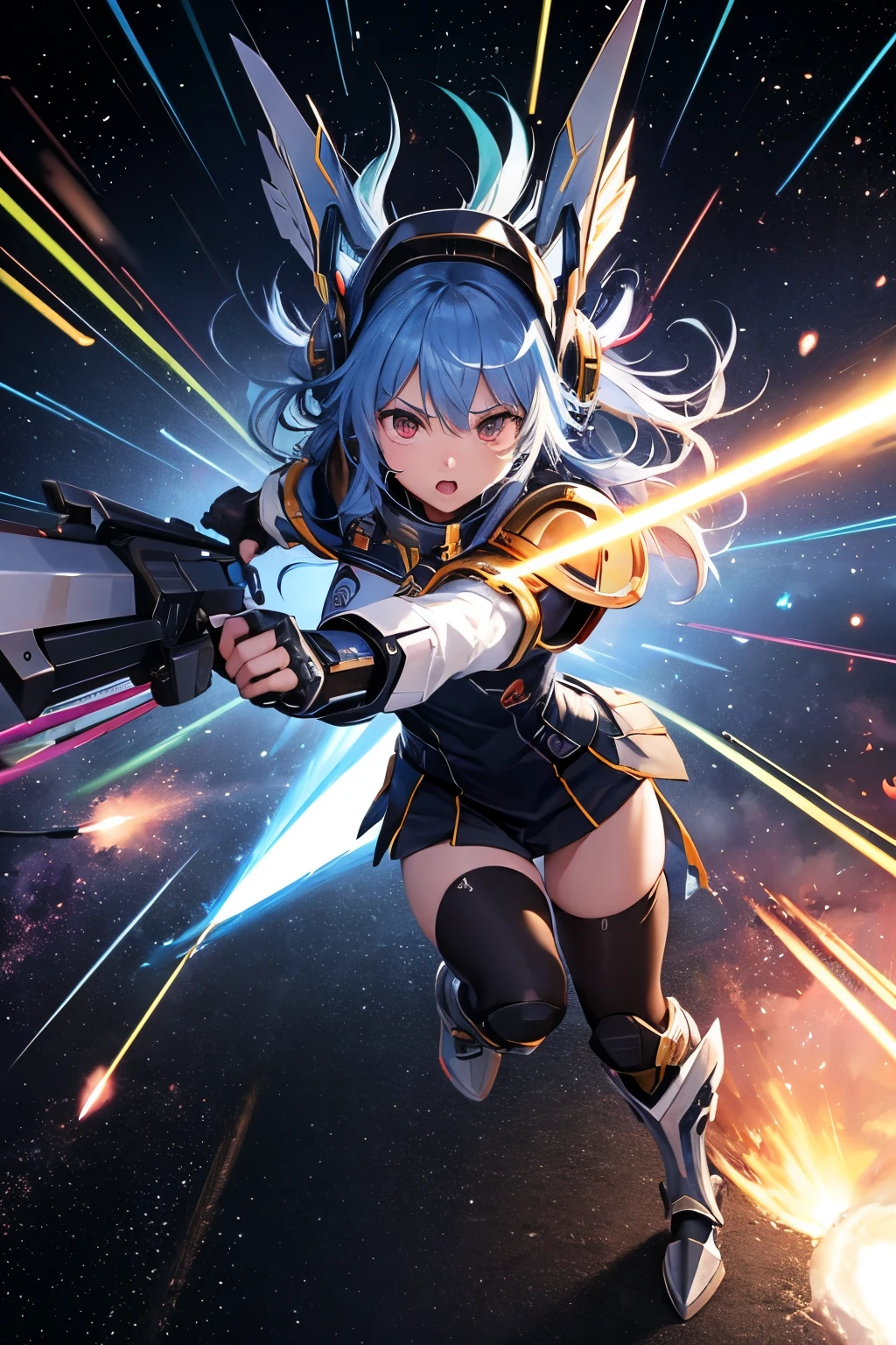 (((highest quality、first-clasasterpiece、Normal body、8k、Detailed face、Ultra-precision、Normal hand、Normal finger、5Finger、)))Brightly colored hair、Rainbow Hair、Rainbow Mechanical Angel、Large rainbow mechanical wings、Large booster、Large rainbow thruster、Visor Helmet、Racy leotard、Armor Skirt、Thought-guided remote-controlled weapon、Funnel、Bit Weapon、Full Armor、Beam rifle、Rainbow Beam、Running through space、Full boost、Beam Sword、Fighting space monsters、Variable Beam Launcher、multi missile、Mega Beam Cannon、In combat、Dogfight、High Maneuver、Space War、fleet battle、Destroy enemy ships、High mega particle cannon firing、ultimate weapon、Multi-warhead missiles、Full burst、All-at-once sweep、Breaking the Limits、critical point breakthrough、Charged particle cannon、Meteors、Rider kick to the space monster