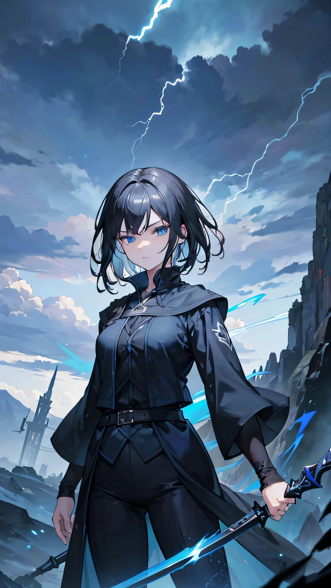 1girl, highly detailed, masterpiece, best quality, correct hands, short black hair, blue eyes, black robes, black pants, blue shirt, black vest, medium breasts, defined curves, smug look, satisfied look, mountain background, storm, lightning, holding a sword, staff, floating, stormy atmosphere, surrounded by lightning,