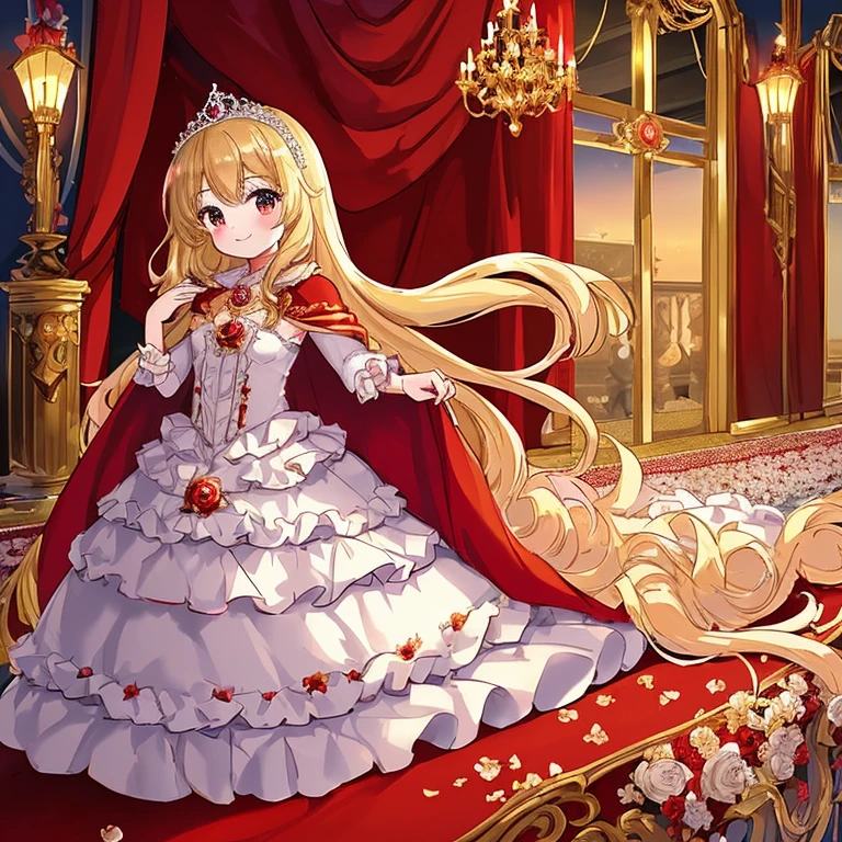 (kawaii),(best quality),(ultra detailed), upper body,(rococo style),(long train red cape:1.15), very long cape,(long train white ball gown with flower decorations), a girl is wearing a cape over her gown, 1 little princess, tiara , smile, very long hair, small breasts