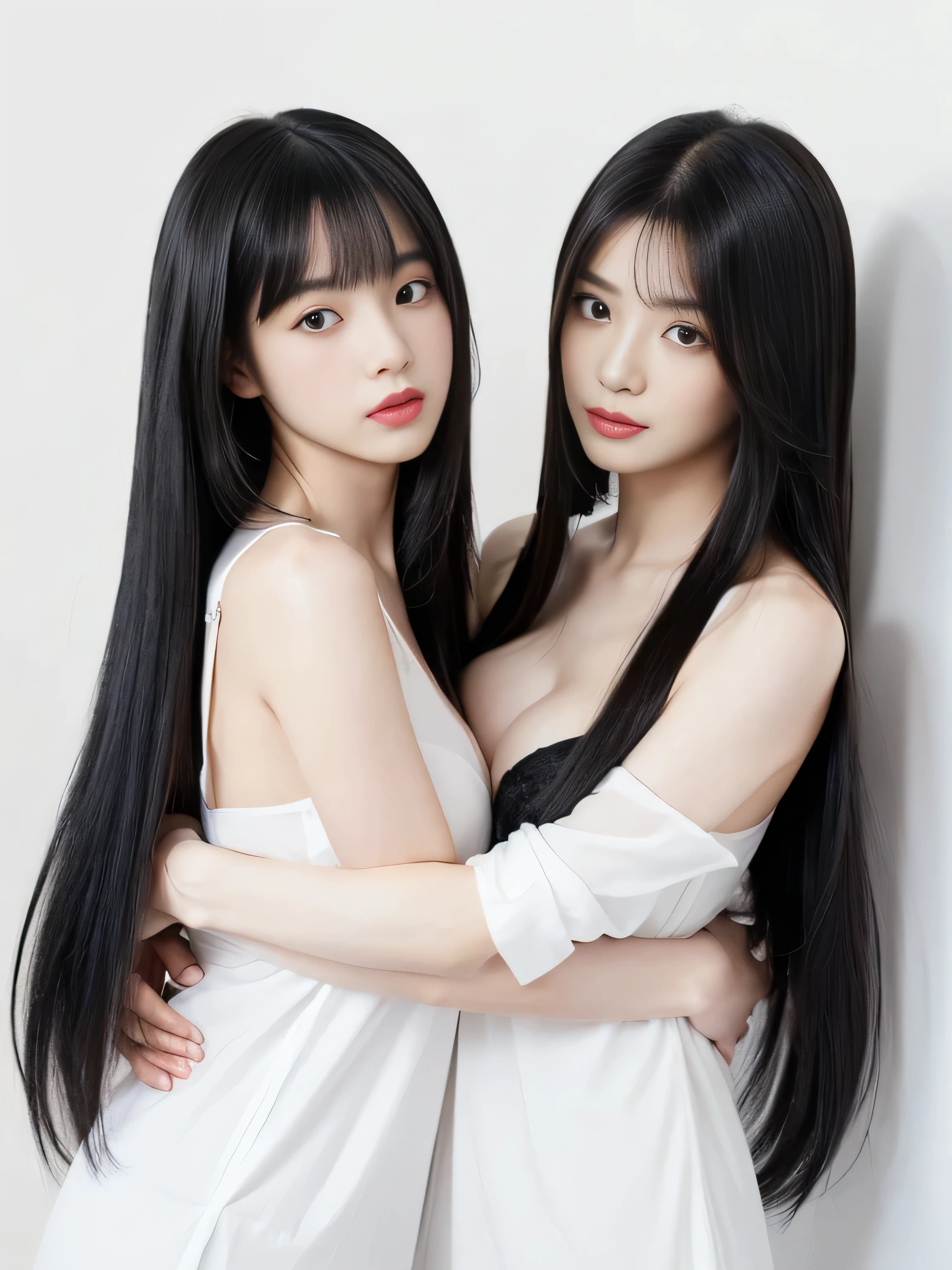 (Two clone twin hair models photographed from the knees up in the same space) 　((Two female hair models lying on a white bed in the same pose, Hugging while looking at each other.:1.6))　(They are are are are the same clone)　((They are are try to show off their hair as much as possible.,))　((Beautiful 18-year-old model with long black hair, girl with super length Hair, extremely length Hair, extra length Hair, very long, Flowing Hair, very length Hair, length Hair girl, very long, Flowing black hair, length Hair windy, Very long black hair, length, Flowing Hair,Incredibly long-lasting hair, length Hair!!!!　Her highest quality hair is long and straight., very long, highest quality black hair, length hair in the center, Highest quality long straight hair, length, straight, beautiful, High quality hair, length and free black highest quality straight hair, length Hair, length and straight, highest quality black hair, Perfect silky straight hair of the highest quality, straight, highest quality black hair, length black straight hair, length, Thin black hair　Her hair is long and straight, very long black hair, length hair in the center, length straight hair, length, straight, beautiful hair of the highest quality, length Hair, length, straight black hair, length and free straight black hair, straight black hair))　(Her bangs are perfect.:1.3)　(Pure white wall background:1.8)　(Japan&#39;s most sexy and beautiful 24-year-old beauty model)　((highest quality)), ((masterpiece)), (Familiar)　(Get used to it)　Perfect Face　　(Her skin is a typical Japanese skin color.......、And very detailed)　　(Big Breasts:1.3)　(She has a beautiful face and a typical Japanese figure...., Narrow eyes)　(She has perfect beautiful makeup and face　Lipstick is light red　A solid eyeliner)　((Rich 1.4))　(Extremely detailed 8K)　(Ultra-fine skin texture 1.4)　(Actual, Vibrant:1.4), double eyelid　Sharp focus:1.2、Beautiful woman:1.4　Dynamic Lighting　(Genuine RAW photos taken by professional photographers)　　Professional Hair Shine.　(She has a bright and cheerful face)　　(((途方もなくlengthBlack hair 1.3)))　(length, Shiny black hair, その女性はlengthBlack hairをしている, lengthBlack hair, Waist-length hair, very lengthBlack hair, thick shining black hair, black silky hair, length and shiny hair, lengthBlack hair, length, Flat Hair　Ridiculously long hair, Black shiny hair, Very shiny, Abnormally long hair, 厚く輝く異常にlengthBlack hair,Jet black silky hair　Her hair is とてもlength and straight　length, Voluminous black hair that reaches down to her ankles　unusually long black hair, unusually long black hair, Very long black hair)　(Her face is slim and dignified.., length, Narrow eyes..々Nice face)　(They are are are&#39;They are are&#39;They are&#39;They&#39;re both wearing the same white lingerie:1.5)