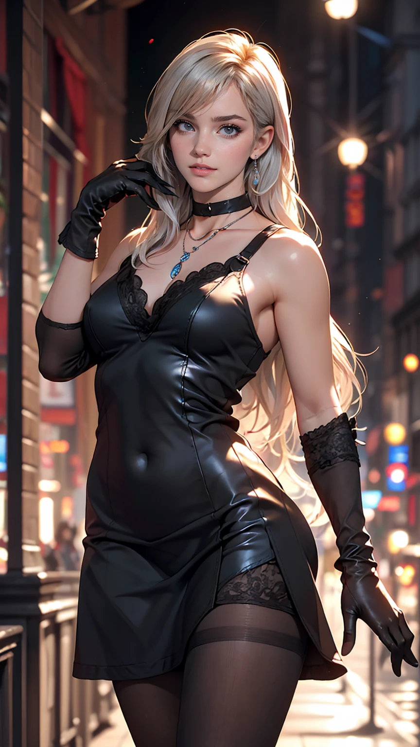 8K, RAW Photos, highest quality, masterpiece:1.2), (Realistic, photo-Realistic:1.37)、Earrings, eyelash, pantyhose、Sexy and provocative smile、 (Shiny skin:1.05)、Venus Body、Having her hair done、My chest is popping out、Wear accessories on your wrist、Wearing accessories on the ankle、Background blur((depth of field)、23 year old white female、Silver Hair、long hair、blue eyes、sleeveless little black dress((little black dress))Wear、Wear a black choker、Opera Globe((opera glove))put on one's arm