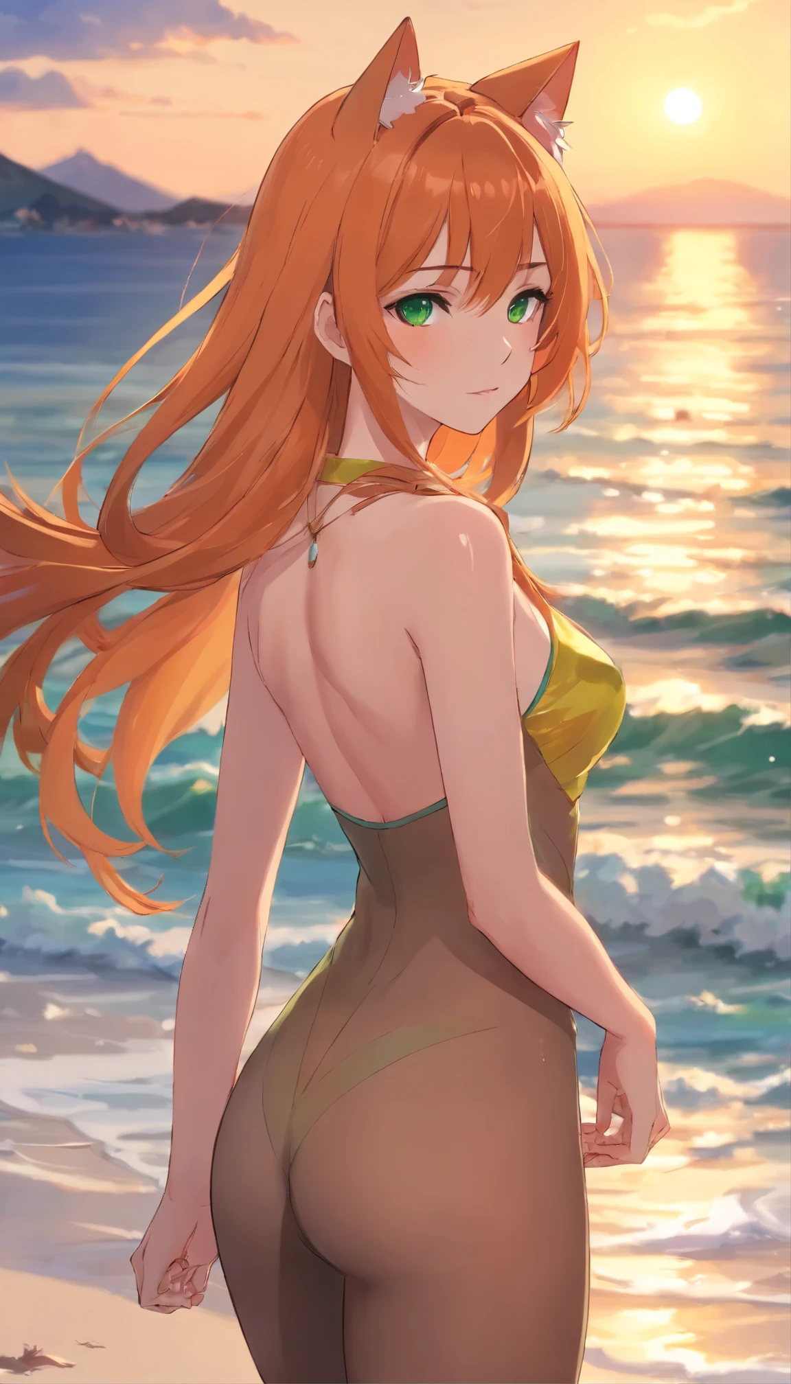 anime girl with long orange hair standing on beach near ocean, green eyes detailed digital anime art, cat ears, , anime girl with long hair, smooth anime cg art, anime girl with long hair, average  size, digital anime art, artwork in the style of guweiz, beautiful anime portrait, photorealistic anime girl render, beautiful anime girl, advanced digital anime art, pantyhose, guweiz on artstation pixiv upscale HD UHD HQ
