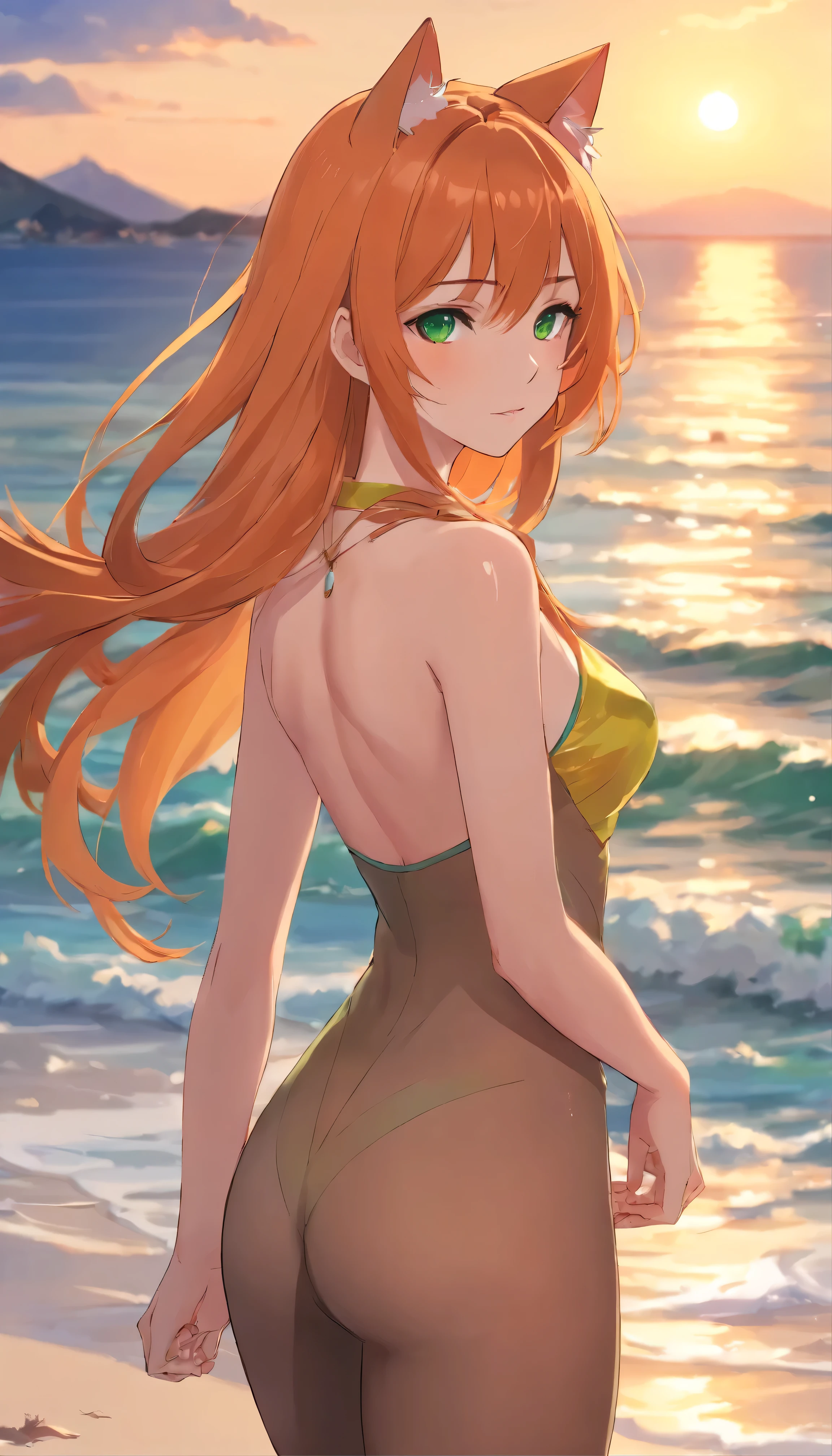 anime girl with long orange hair standing on beach near ocean, green eyes detailed digital anime art, cat ears, , anime girl with long hair, smooth anime cg art, anime girl with long hair, average breast size, digital anime art, artwork in the style of guweiz, beautiful anime portrait, photorealistic anime girl render, beautiful anime girl, advanced digital anime art, pantyhose, guweiz on artstation pixiv upscale HD UHD HQ