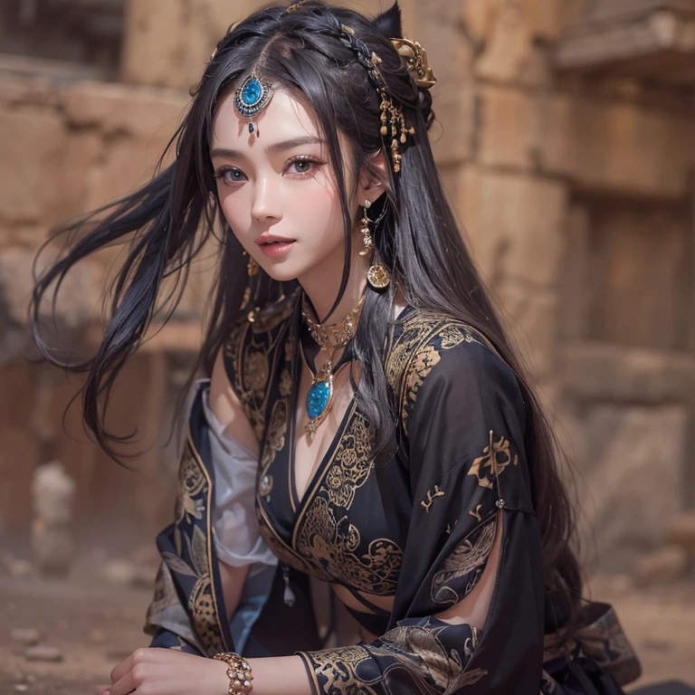 Hiding in the desert、Hair flow、 ((highest quality、masterpiece、8k、Best image quality、Ultra-high resolution、Award-winning works)、(Accurate anatomy:1.1)、(Look at me and smile:1.1)、Shining fair skin with Ultra-high resolution、The most detailed face、Ultra-high resolution detailed face、Ultra-high resolutionの髪の毛、(Ultra-high resolutionの煌めく瞳:1.1)、Beautiful face drawn in every detail、(Blurred Background:1.1)、Ancient Islamic clothing, Chest to chest, tattoo, Old ruins in the background、Black leopard 