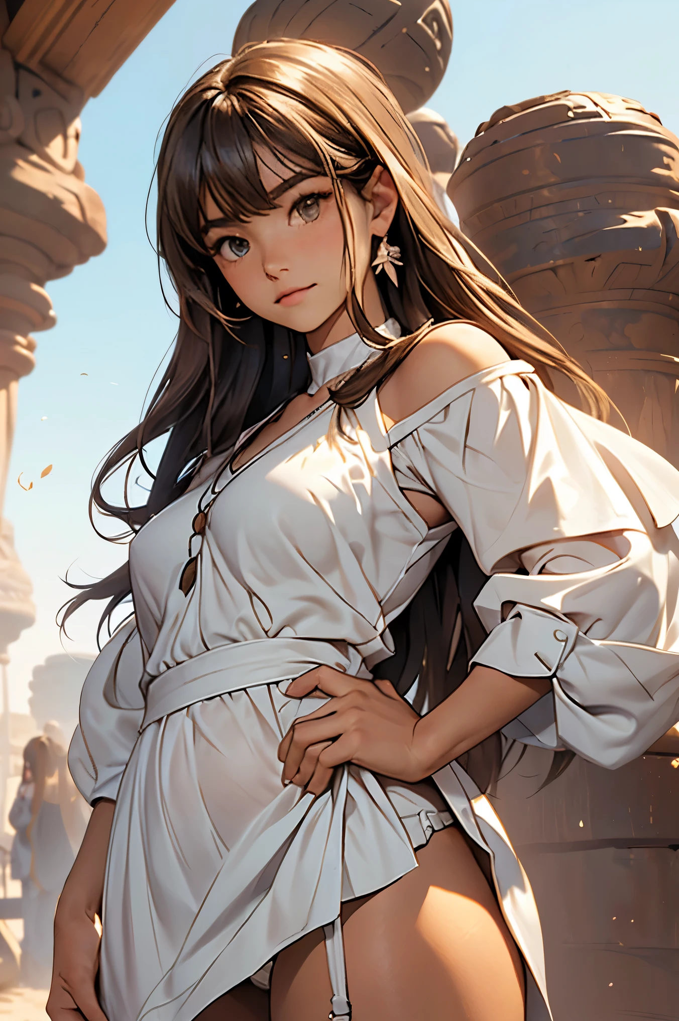In the desert during the day、(())、(From below))、Beautiful girl with beautiful hair、A sharp, challenging gaze、Big eyes、Big Breasts、((Stand with your hands on your hips and your feet shoulder-width apart))、Looking into the distance。Short white dress shirt、(High leg thongs that cling tightly to the buttocks)、Brown leather long western boots、Great balance of style、Long legs、(((((A close-up of a cute, raised mound)))))