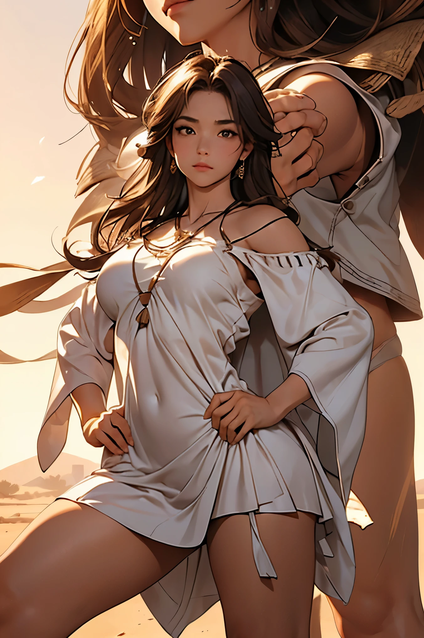 In the desert during the day、(())、(From below))、Beautiful girl with beautiful hair、A sharp, challenging gaze、Big eyes、Big Breasts、((Stand with your hands on your hips and your feet shoulder-width apart))、Looking into the distance。Short white dress shirt、(High leg thongs that cling tightly to the buttocks)、Brown leather long western boots、Great balance of style、Long legs、(((((A close-up of a cute, raised mound)))))