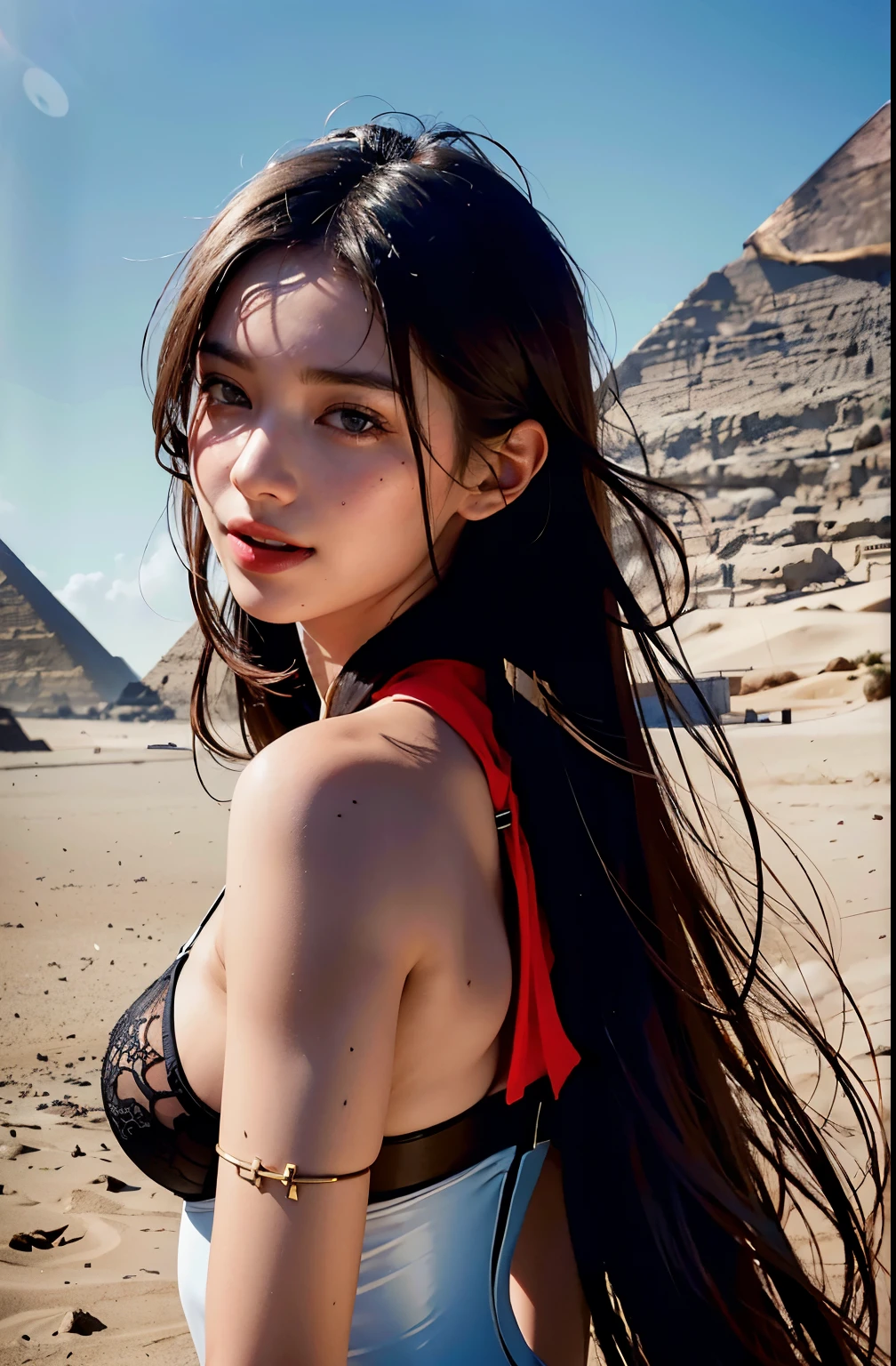 best quality, masterpiece, photo realistic, intricate details, raw photo, photon rendering, octane render, absurdres, ultra detailed, detailed face, detailed skin, trending on artstation, 8k masterpiece, cinematic lighting, ( (1girl)),((solo)),((looking_at_viewer)),trending on cg society,plasticien,((black long hair)),((beautiful woman)),(Smile),sexy lingerie, lingerie, underwear, bra,((Egyptian pyramid)),((sexy)),wind blowing hair, ((flowing hair)),happy,fashion magazine,