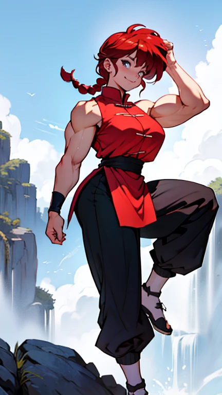 masterpiece, ultra quality, Beautiful detailed, extremely detailed,16K, exquisite, absurdity, highres, Beautiful background, Beautiful eye, Beautiful skin, anime style, 1girl, solo, upper body focus, huge breasts, big ass, red_hair, single braids BREAK Ranma red_shirt, ranma black_pants, black_kung fu shoesメコスジ BREAK (((muscular:1.3))), cheeky smile, Cheeky daughter, kung fu pose, One leg is raised high, kick, i-shaped balance, perfect anatomy, outdoor, Togenkyo,