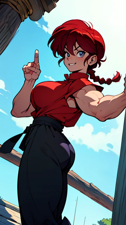 masterpiece, ultra quality, Beautiful detailed, extremely detailed,16K, exquisite, absurdity, highres, Beautiful background, Beautiful eye, Beautiful skin, anime style, 1girl, solo, upper body focus, huge breasts, big ass, red_hair, single braids BREAK Ranma red_shirt, ranma black_pants, black_kung fu shoesメコスジ BREAK (((muscular:1.3))), cheeky smile, Cheeky daughter, kung fu pose, One leg is raised high, kick, i-shaped balance, perfect anatomy, outdoor, Togenkyo,