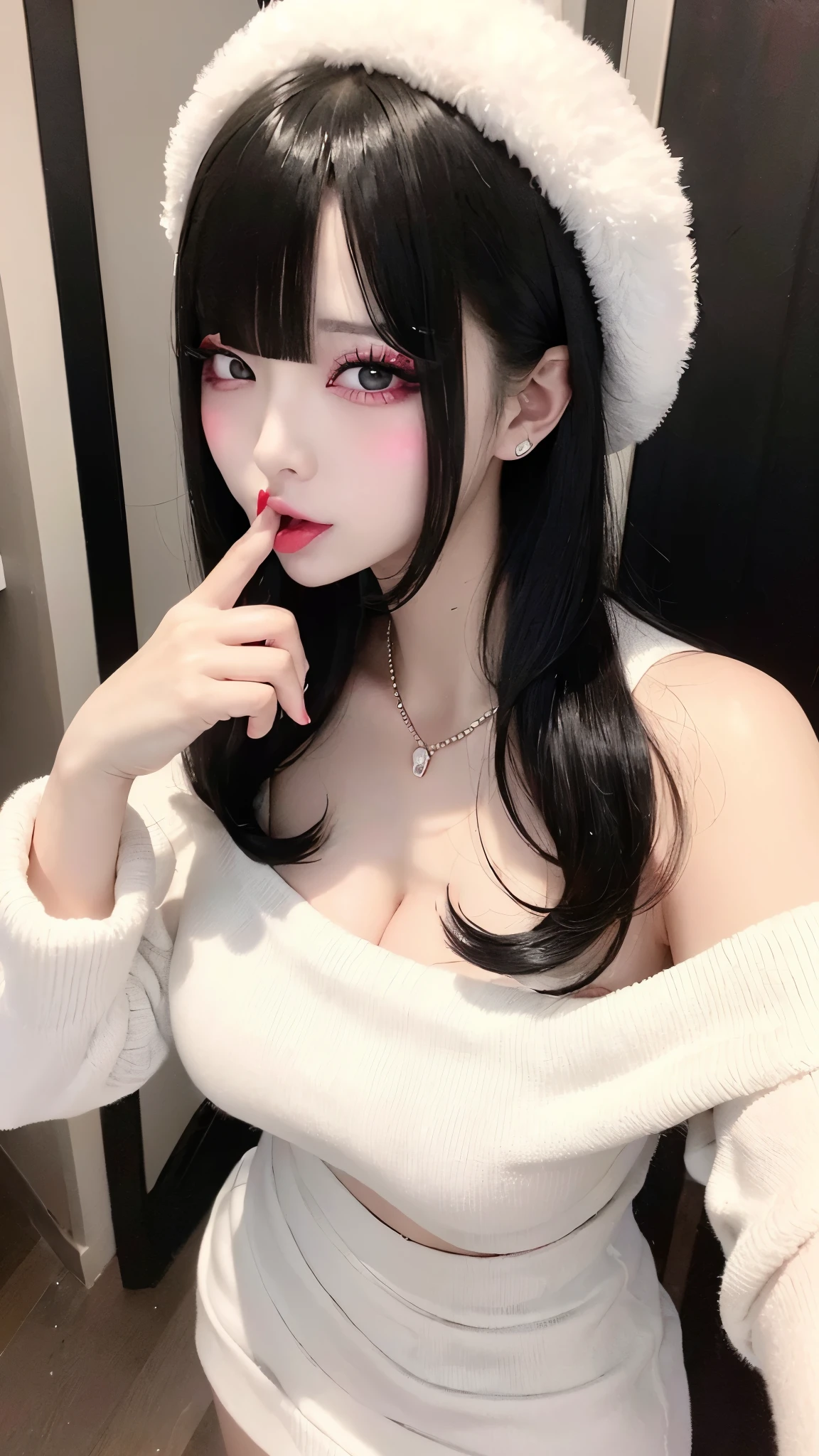 White fluffy oversized sweater、Off the shoulder、(((Big Breasts))),Big cleavage、Long black hair、jirai girl, jirai type make-up、Red eyeliner、(open doorway:1.3)、(Gloss Eye、Glossy lip lipakeup:1.2), (((Open your mouth wide、Blowjob gestures:1.2)))