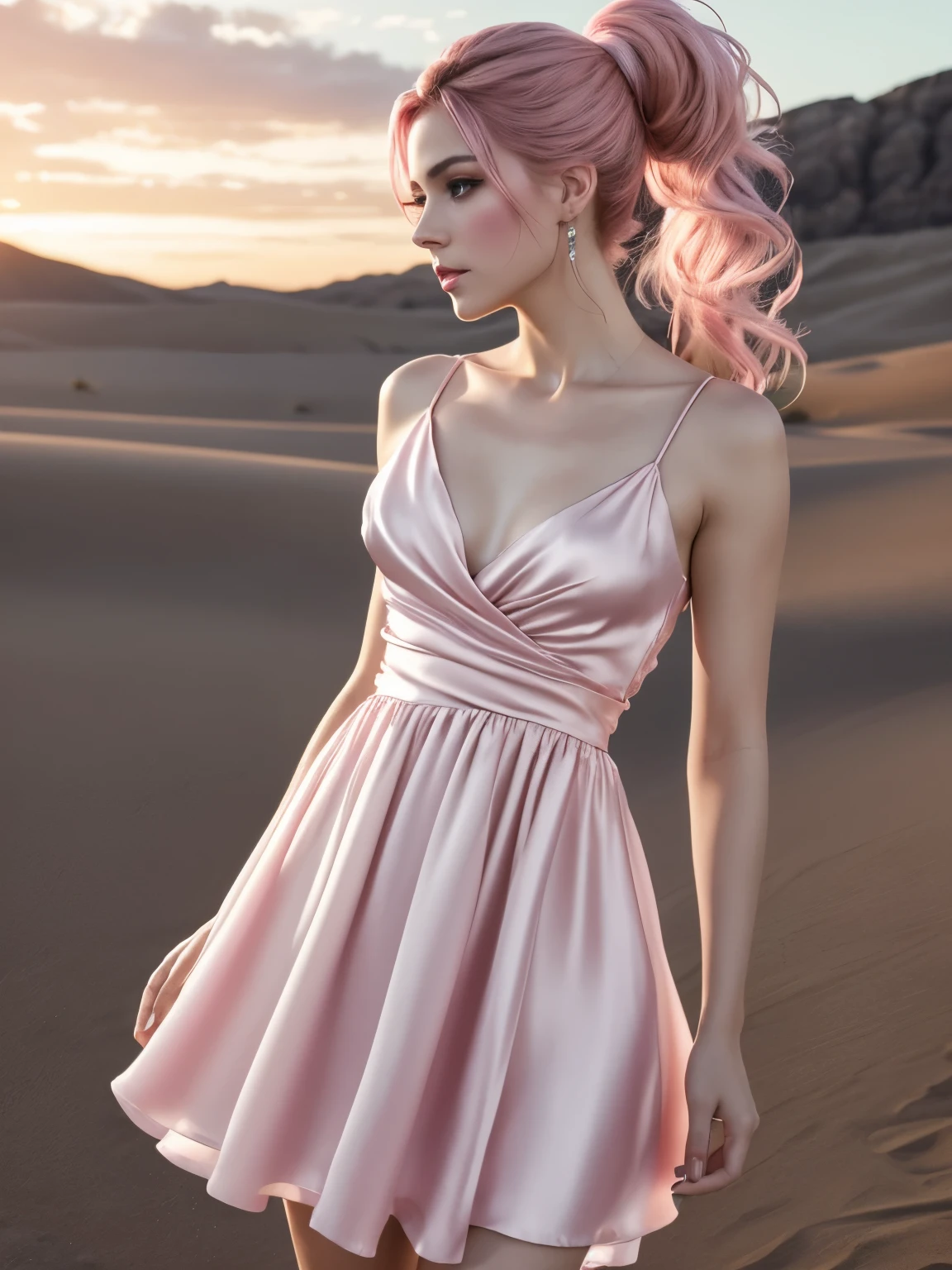 (best quality,4k,8k,highres,masterpiece:1.2),ultra-detailed,(realistic,photorealistic,photo-realistic:1.37),fashion photography, Italian girl, beautiful detailed eyes, beautiful detailed lips, long eyelashes, ponytail hairstyle, random hair colour, stylish makeup, gorgeous model, posing with confidence, sensuous expression, modern photography techniques, striking contrast between light and shadow, soft and natural lighting, pale skin tone, subtle blush, pop of colour on the lips, dramatic background with vivid colours, artistic composition, ethereal atmosphere, whisper of wind blowing through her hair, graceful and elegant posture, bokeh effects, (((pink silk short dress))) ,exquisite accessories, bold and creative fashion choices, attention to detail in styling and fashion design, standing in the middle of a desert, sunset