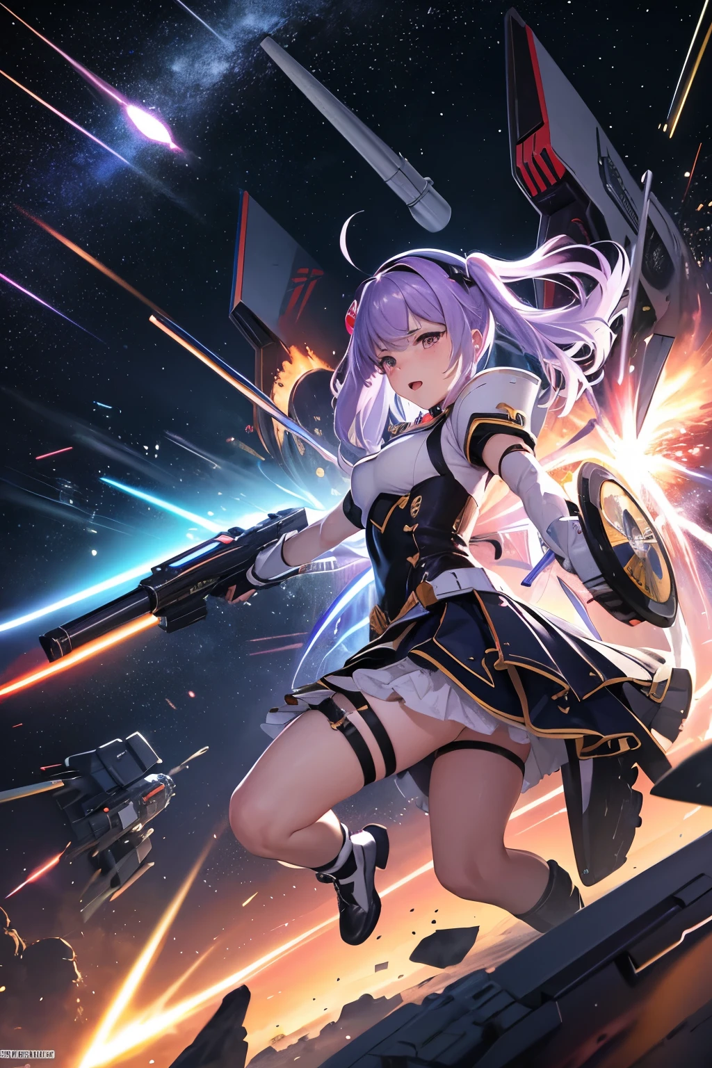 (((highest quality、first-clasasterpiece、Normal body、8k、Detailed face、Ultra-precision、Normal hand、Normal finger、5Finger、)))Brightly colored hair、Rainbow Hair、Rainbow Mechanical Angel、Large rainbow mechanical wings、Large booster、Large rainbow thruster、Visor Helmet、Racy leotard、Armor Skirt、Thought-guided remote-controlled weapon、Funnel、Bit Weapon、Full Armor、Beam rifle、Rainbow Beam、Running through space、Full boost、Beam Sword、Fighting space monsters、Variable Beam Launcher、multi missile、Mega Beam Cannon、In combat、Dogfight、High Maneuver、Space War、fleet battle、Destroy enemy ships、High mega particle cannon firing、ultimate weapon、Multi-warhead missiles、Full burst、All-at-once sweep、Breaking the Limits、critical point breakthrough、Charged particle cannon、Meteors、Rider kick to the space monster、Gets hit and tears clothes、Showing off、Hit and exposed skin