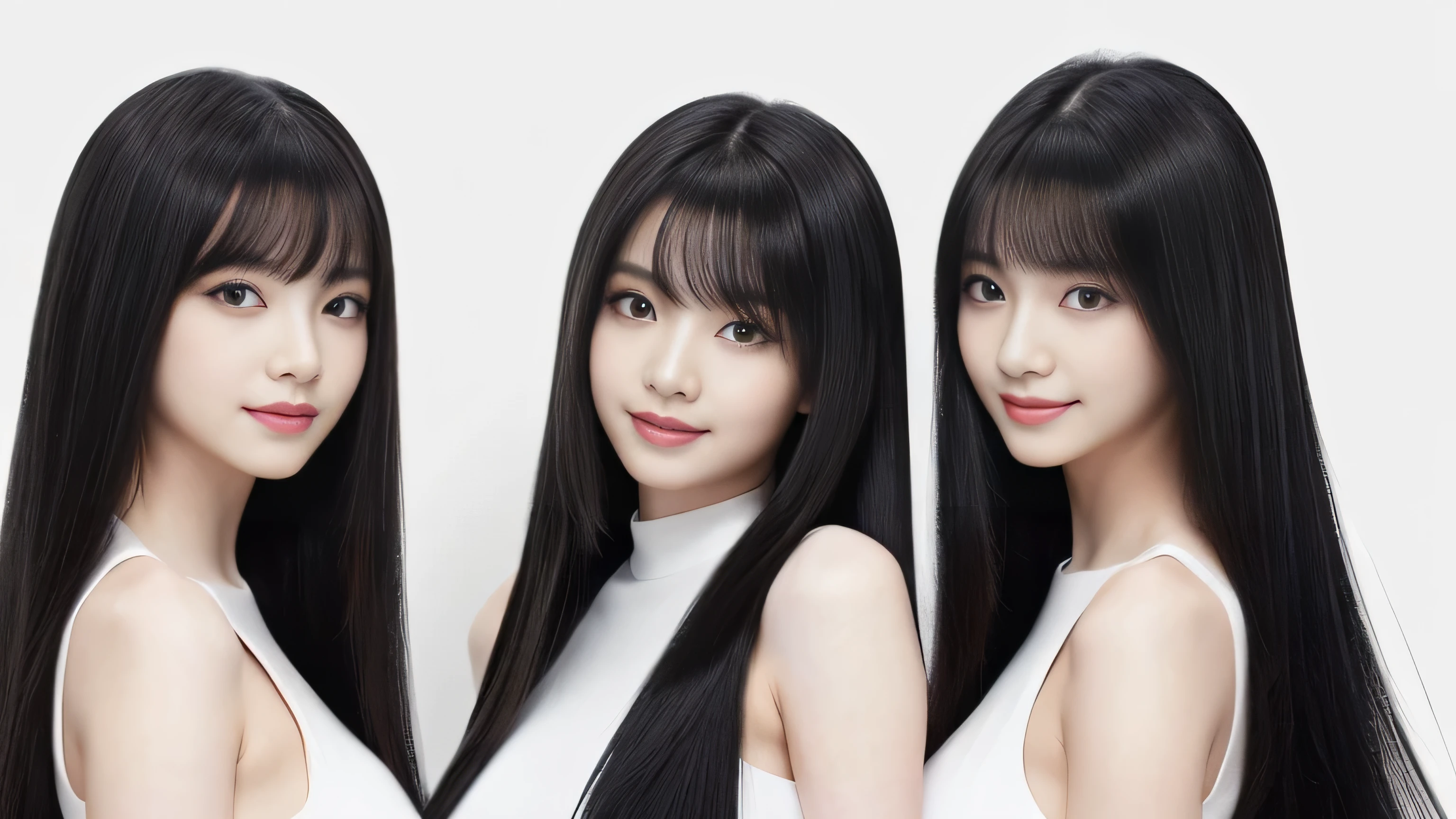 (A close-up of identical twins from the neck up in the same space) 　((Clone triplets huddled together、Show random happy expressions to viewers:1.4))　(They are are are the same clone)　((They are are try to show off their hair as much as possible.,))　((Beautiful 18-year-old model with long black hair, girl with super length Hair, extremely length Hair, extra length Hair, very long, Flowing Hair, very length Hair, length Hair girl, very long, Flowing black hair, length Hair windy, Very long black hair, length, Flowing Hair,Incredibly long-lasting hair, length Hair!!!!　Her highest quality hair is long and straight., very long, highest quality black hair, length hair in the center, Highest quality long straight hair, length, straight, beautiful, High quality hair, length and free black highest quality straight hair, length Hair, length and straight, highest quality black hair, Perfect silky straight hair of the highest quality, straight, highest quality black hair, length black straight hair, length, Thin black hair　Her hair is long and straight, very long black hair, length hair in the center, length straight hair, length, straight, beautiful hair of the highest quality, length Hair, length, straight black hair, length and free straight black hair, straight black hair))　(Her bangs are perfect.:1.3)　(Pure white wall background:1.8)　(Japan&#39;s most sexy and beautiful 18-year-old beauty model)　((highest quality)), ((masterpiece)), (Familiar)　(Get used to it)　Perfect Face　　(Her skin is a typical Japanese skin color........、And very detailed)　(Big Breasts:1.3)　(She has a beautiful face and a typical Japanese figure...., Narrow eyes)　(She has perfect beautiful makeup and face　Lipstick is light red　A solid eyeliner)　((Rich 1.4))　(Extremely detailed 8K)　(Ultra-fine skin texture 1.4)　(Actual, Vibrant:1.4), double eyelid　Sharp focus:1.2、Beautiful woman:1.4　Dynamic Lighting　(Genuine RAW photos taken by professional photographers)　　Professional Hair Shine.　　(((Unusually long black hair that lasts forever 1.3)))　(length, Shiny black hair, その女性はlengthBlack hairをしている, lengthBlack hair, Waist-length hair, very lengthBlack hair, thick shining black hair, black silky hair, length and shiny hair, lengthBlack hair, length, Flat Hair　Ridiculously long hair, Black shiny hair, Very shiny, Abnormally long hair, 厚く輝く異常にlengthBlack hair,Jet black silky hair　Her hair is とてもlength and straight　length, Voluminous black hair that reaches down to her ankles　unusually long black hair, unusually long black hair, Very long black hair)　(Her face is slim and dignified.., length, Narrow eyes..々Nice face)　(They are are are are&#39;They are are are&#39;They are are&#39;They are&#39;They&#39;re both wearing the same white lingerie:1.5)