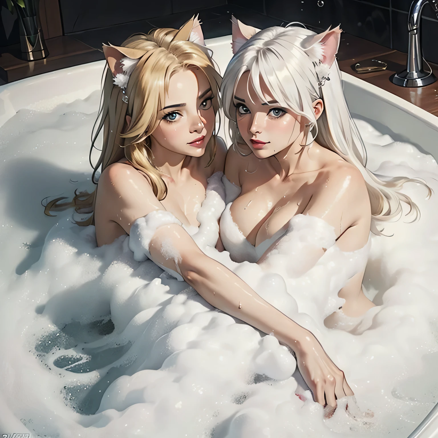 (masterpiece:1.3), (8k, Realistic, RAW Photos, highest quality: 1.4), (High definition), Realistic eyes, Beautiful fine details, (Realistic Skin), Beautiful Skin, Absurd, Charm, Ultra-high resolution, Ultra-realistic, Very detailed, Golden Ratio, (Two blonde women with cat ears), (tall, 2 Blonde cat ears, 2. Long Hair, 2. Volumetric hair style, Large Breasts, Narrow waist, Big Ass, glamorous, protector, Armor, combat suit, Combat Boots, Armament, ((Bathing scene)), (The two of them are soaking in a bubble bath completely naked.), ((Covered in foam:1.1)), (Smile), (They are hugging each other), (Sweat), Cinematic, Best Shadow, Side lighting, ((Bubble bath at a love hotel:1.3)), ((steam:1.3)), cowboy shot, (Close-up of face)