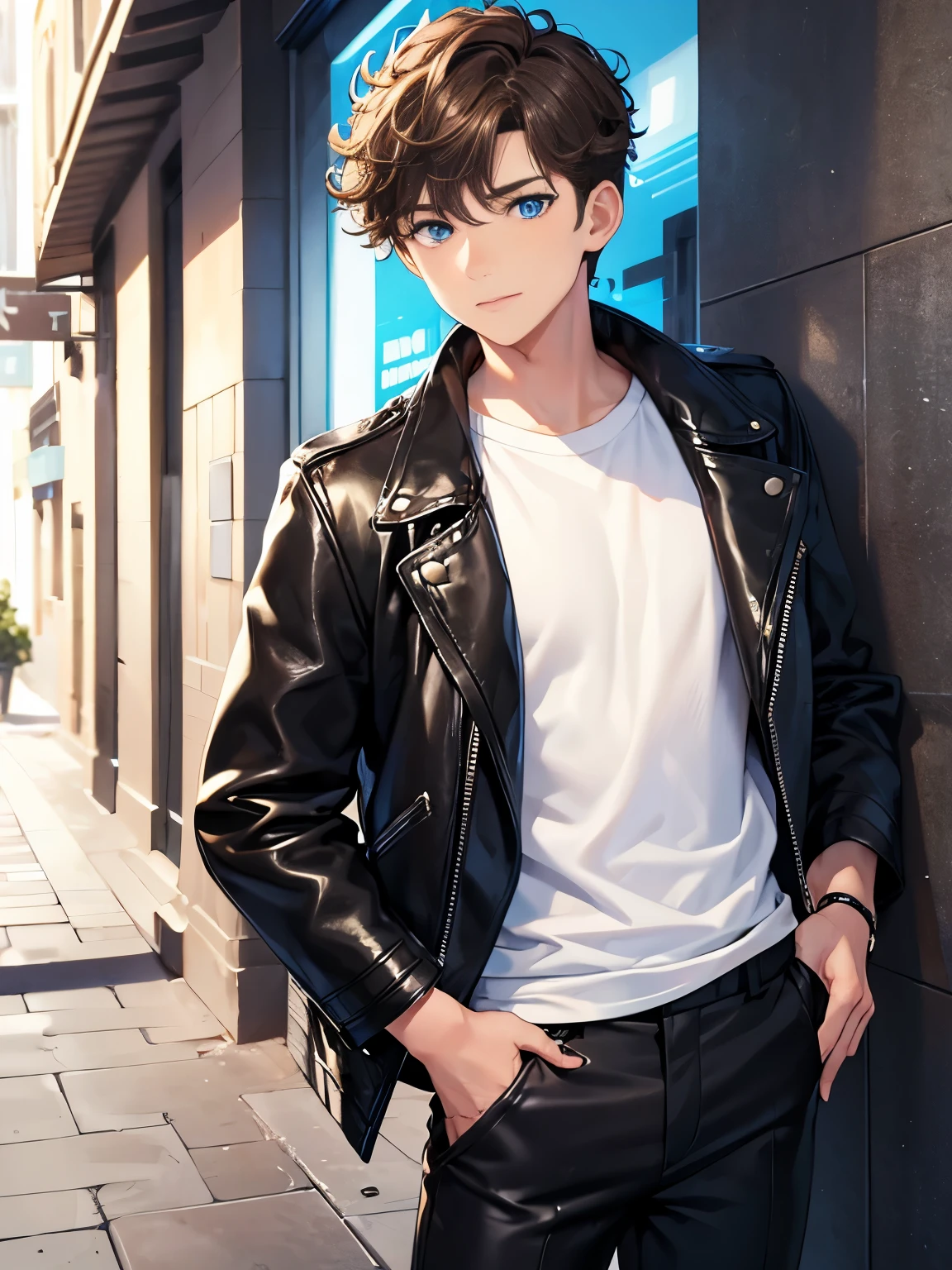 1boy,guy,standing,blue eyes,half body photo,18 years old,Curly hair,medium hair,undercut hairstyle,light brown hair,black jacket,Leather jacket,white t-shirt,white trousers,morning,ultra detail,masterpiece