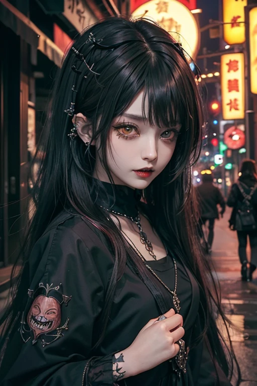 top-quality、8K、masterpiece:1.3、Gothic punk、Red inner color、A dark-haired、hair adornments、a beauty girl、creative、dark fantasy style、Neogos、Goth Fashion:1.2、Yellow Eyes、I can see the fangs、Tokyo Night street