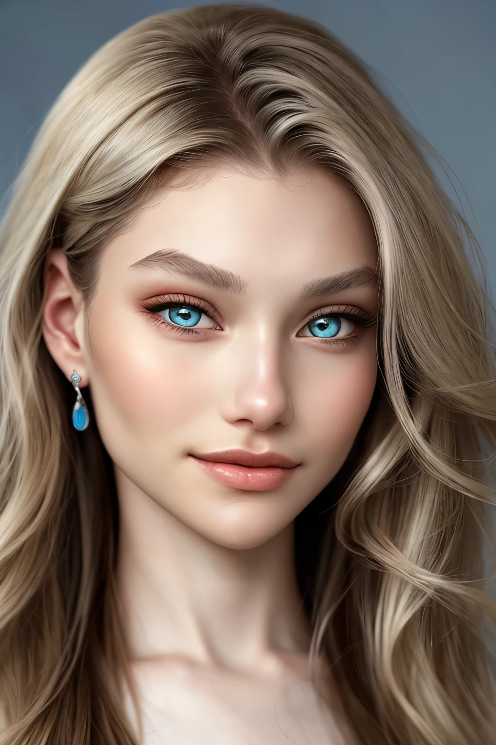 AlexandraLenarchyk focus on eyes, close up on face, grinning, wearing jewelry, gentle blue color hair styled Straight Sleek and Wavy